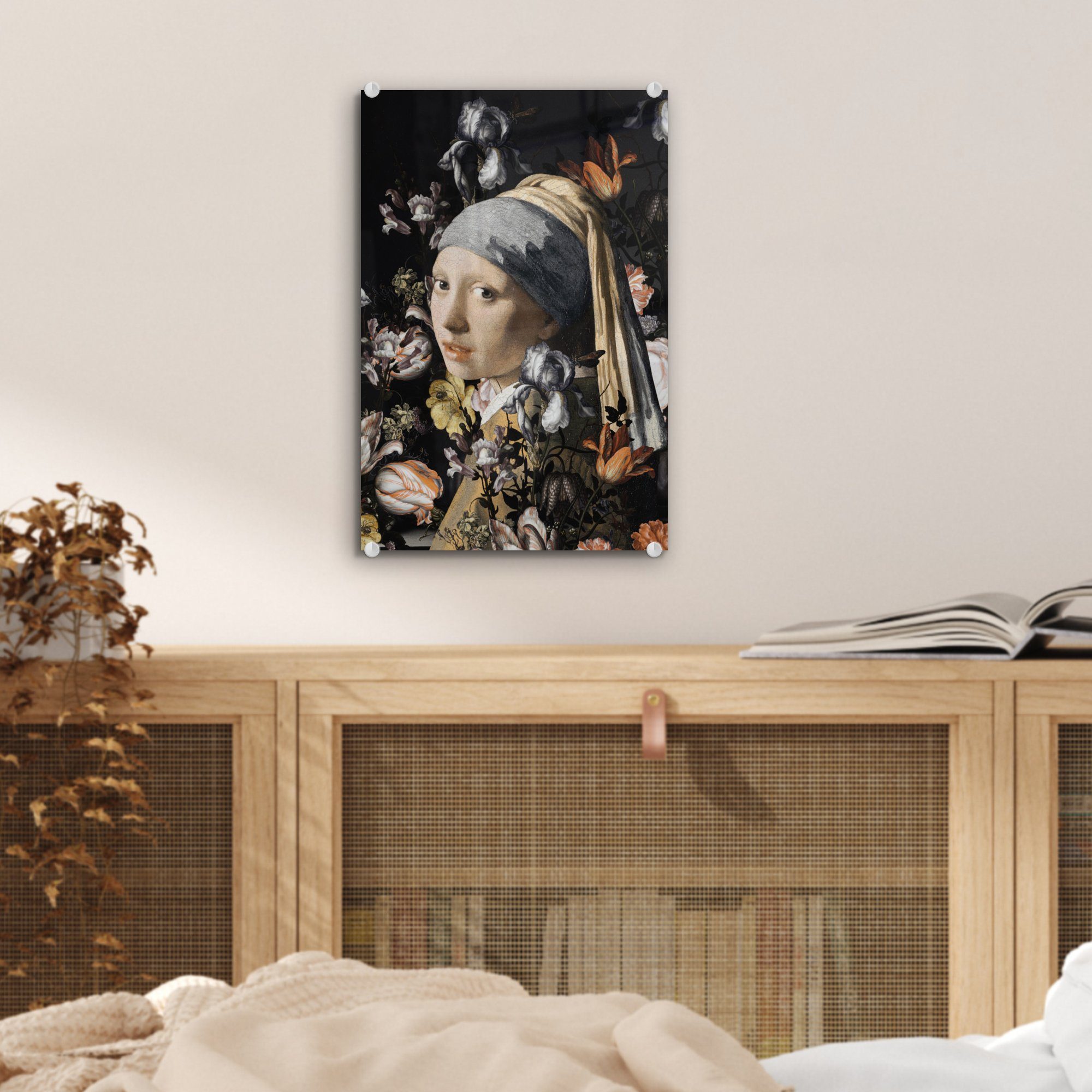 bunt Glas Mädchen Glasbilder - Wandbild Johannes Perlenohrring - - Wanddekoration auf Blumen, (1 Vermeer - - dem Foto Das Glas auf St), Bilder MuchoWow mit Acrylglasbild