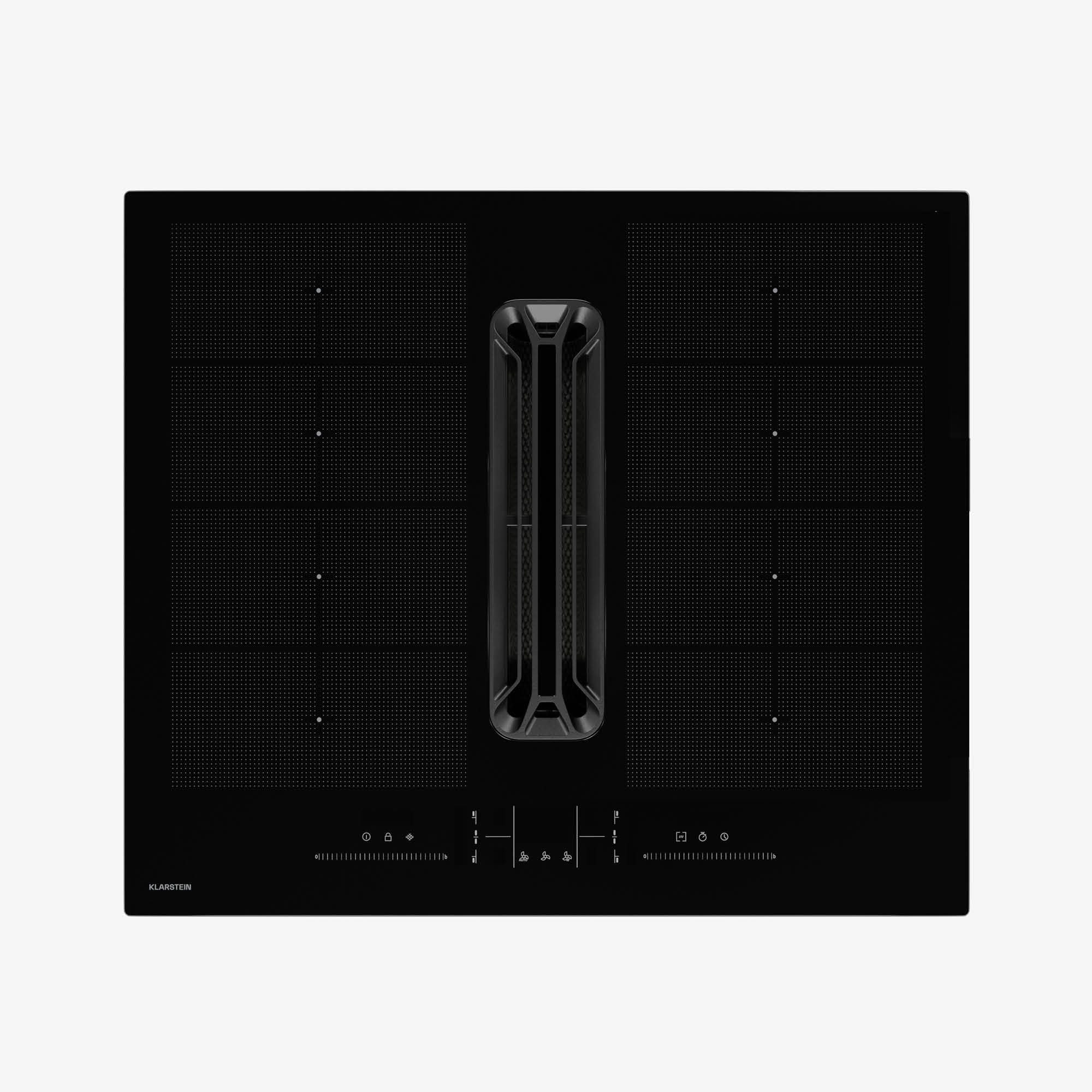 Klarstein Induktions-Kochfeld AirJet FlexPro Down Air 4 Zonen 14 kW Boost 600 m³/h 58 dB BLDC, Einbau-Kochfeld mit Abzugshaube autark 600 m³/h Touch leise