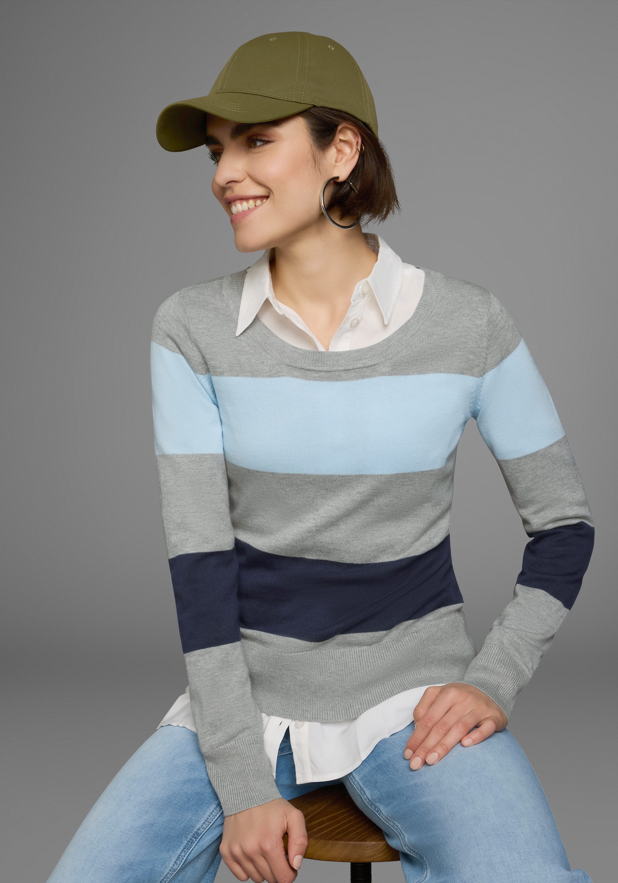 AJC Rundhalspullover mit breiten Block-Streifen günstig online kaufen