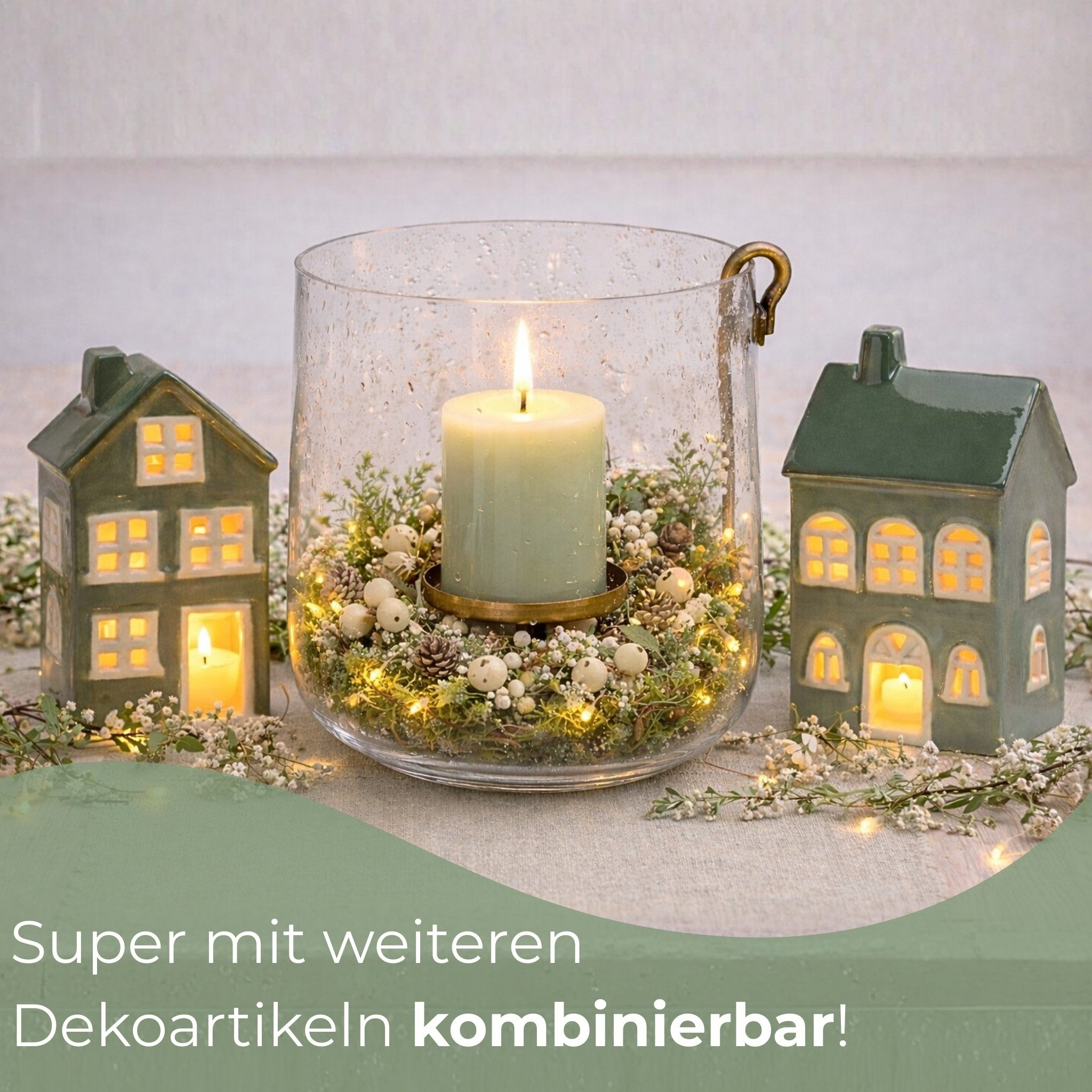 matches21 HOME & HOBBY Kerzenhalter Windlichter Häuser Set, Dekohäuser aus Keramik in Grün (2 St), Kerzenhalter als Herbstdeko & Winterdeko