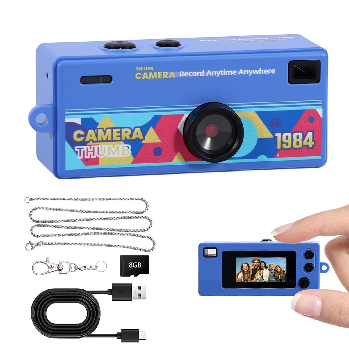 Pdgrid Retro Mini Daumenkamera 1080P mit Blitzlicht & 8GB TF-Karte Kompaktkamera (tragbar Kids Kamera, Schlüsselanhänger Digitalkamera, 1080 MP, 4 Filter mit Type-C, Tragbare Kleinkamera für Alltag Reisen Geschenk)