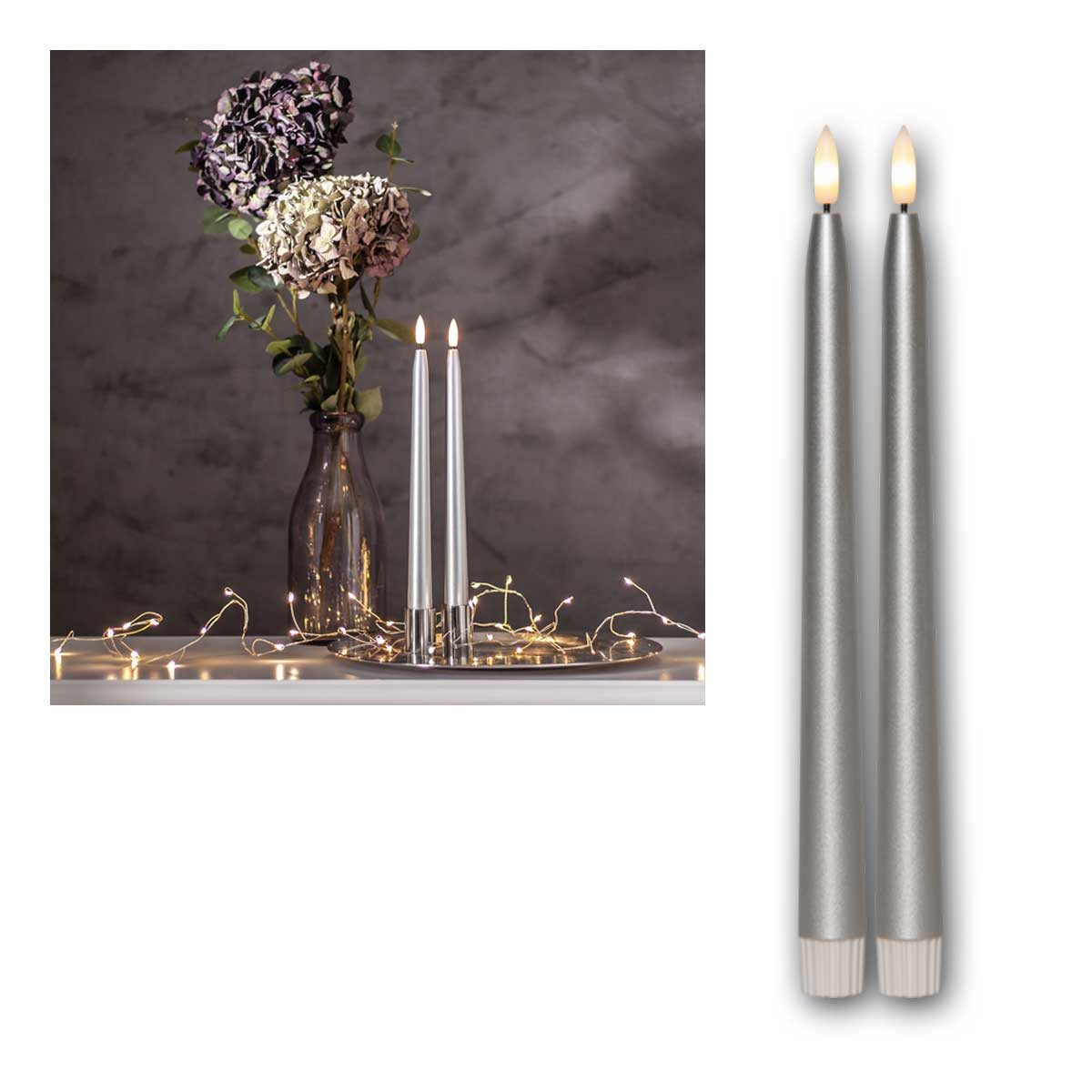 STAR TRADING LED-Kerze LED Stabkerzen "FLAMME METAL" 2er Set silber28,5cm