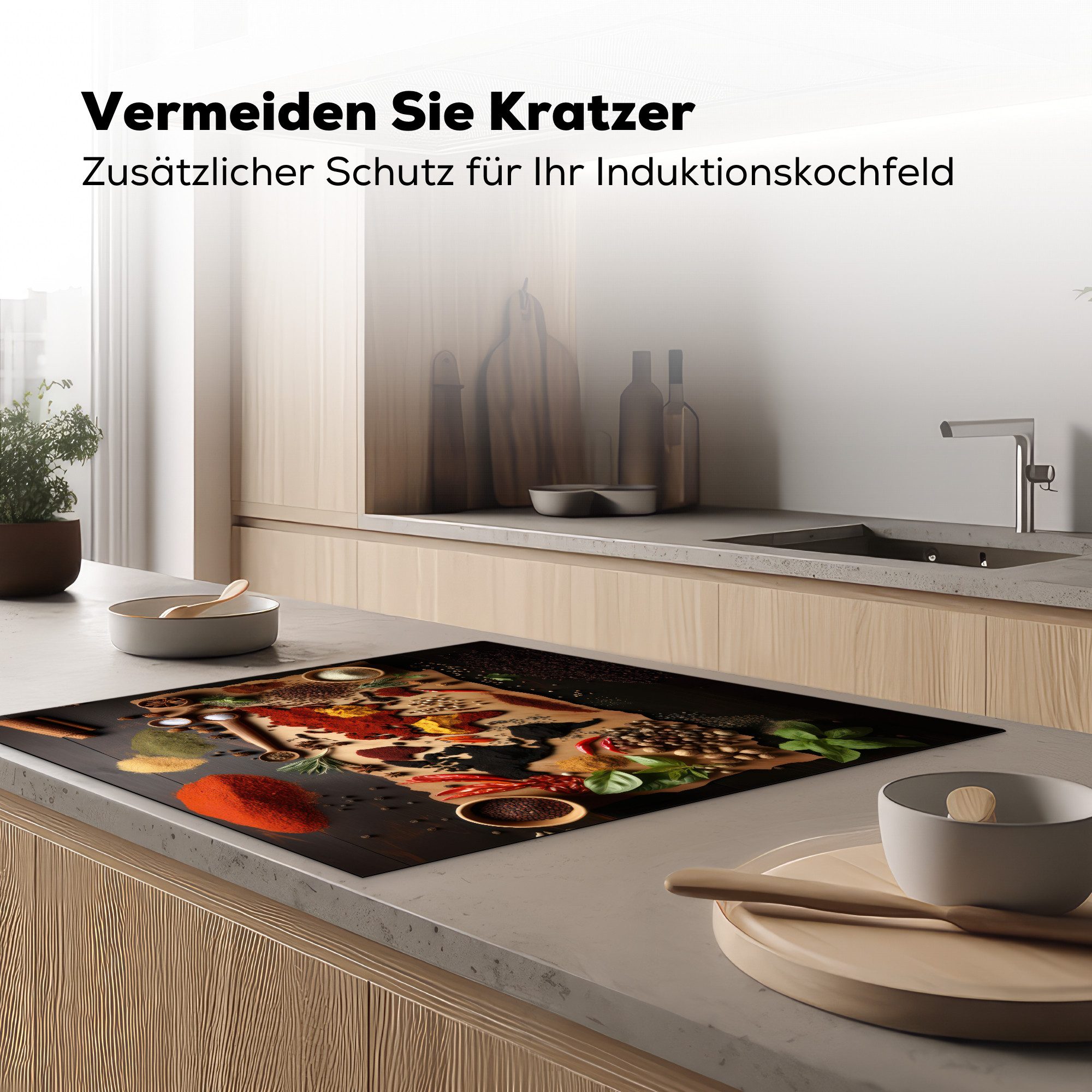 MuchoWow Herd-Abdeckplatte Kräuter - Gewürze - Weltkarte - Braun - Löffel - Farbenfroh, Vinyl, (1 tlg), Küche Herdabdeckung Ceranfeld Induktionsfeld Vinyl, 60x60 cm