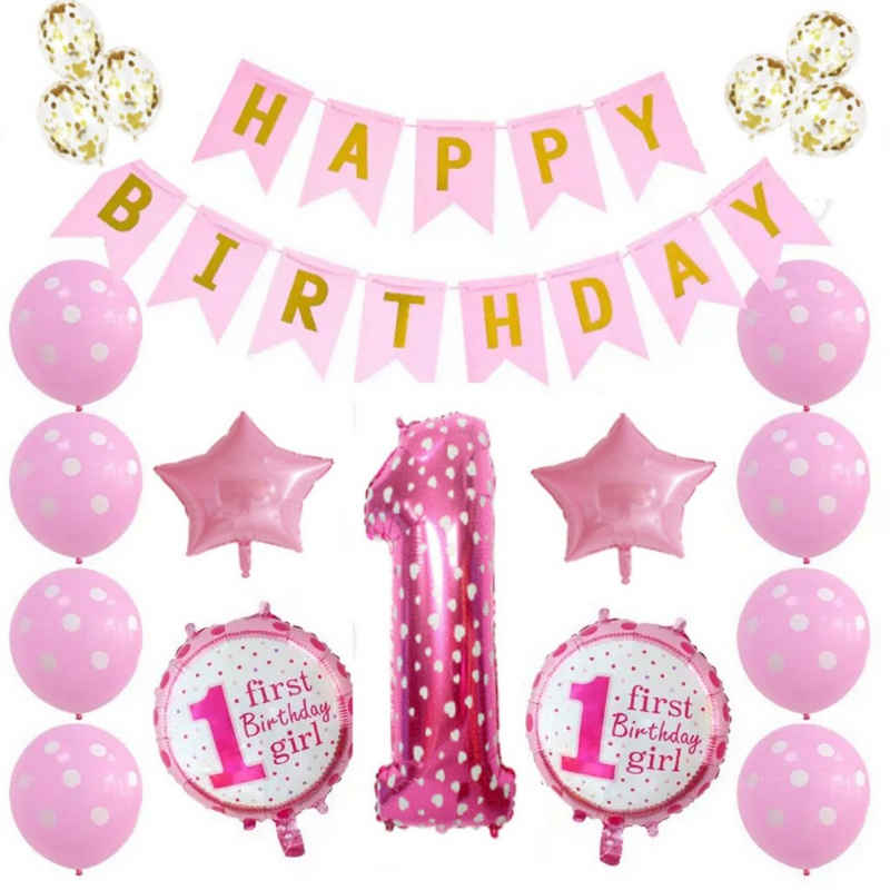 Montegoni Aufblasbares Partyzubehör Erster Geburtstag deko Jungen Mädchen, 22 Teilig Set: Girlande Folien Konfetti Latex Ballons Schnur
