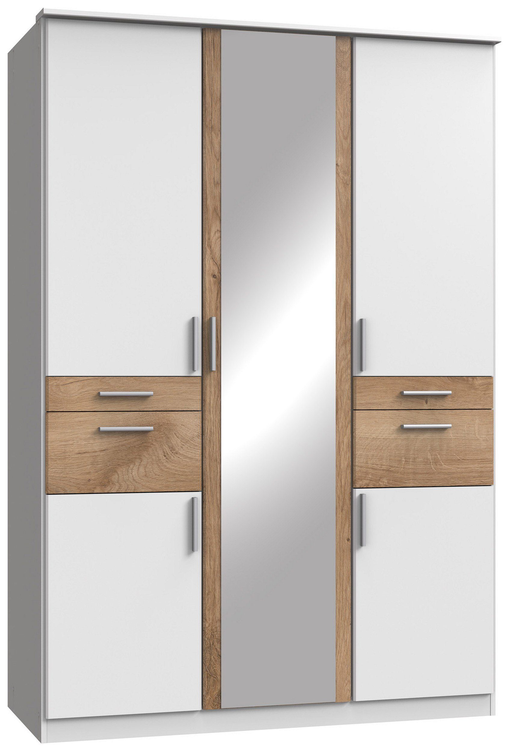 Stylefy Drehtürenschrank Embu (Kleiderschrank, Mehrzweckschrank) 5-türig, mit Spiegel, aus Holzwerkstoff, mit Schubladen, Modern Design, viel Stauraum Weiß - Riviera Eiche Optik