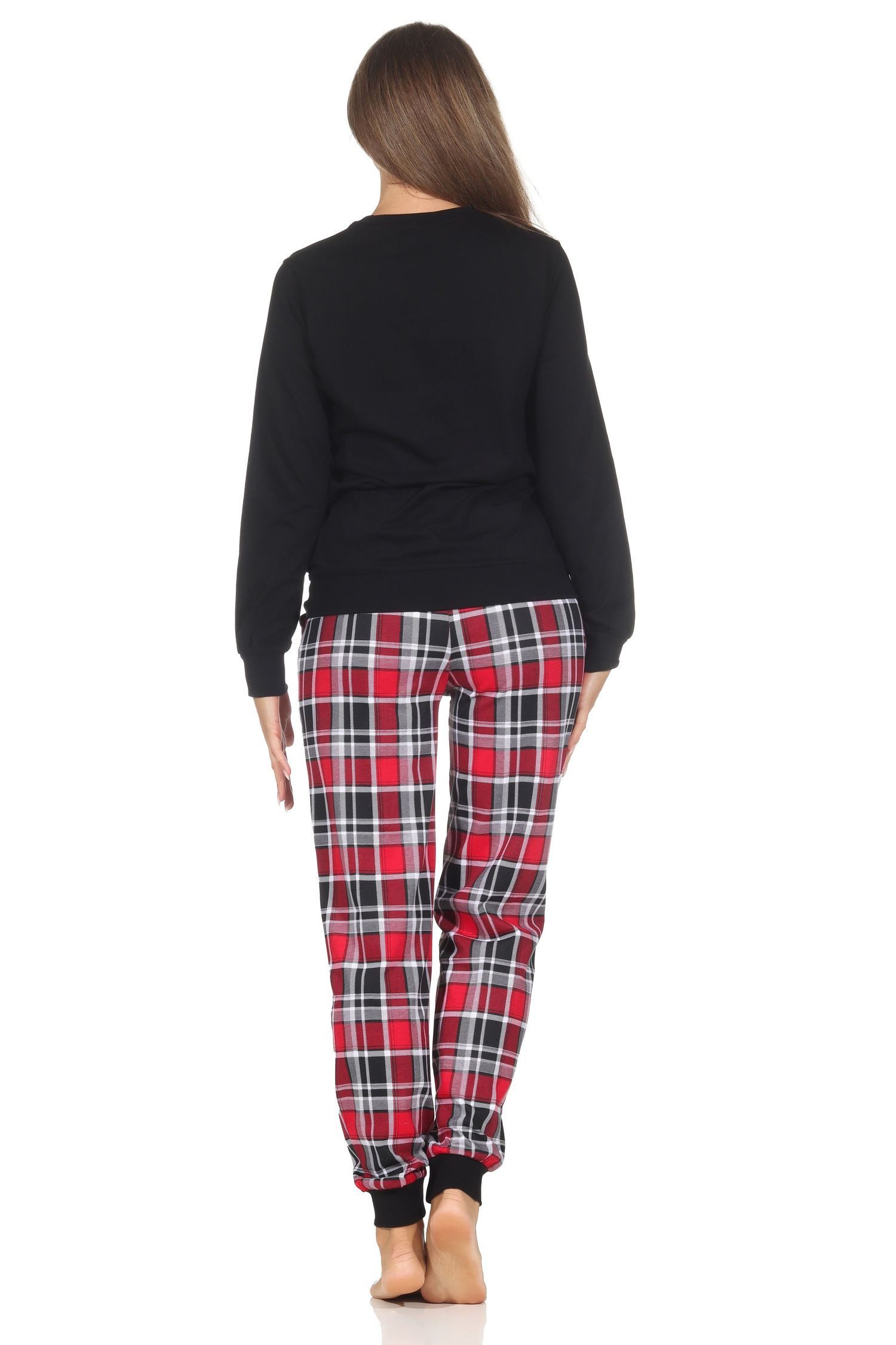Normann Pyjama Damen Schlafanzug mit Bündchen mit Karohose und niedlichen Tiermotiv – Bild 4 von 4