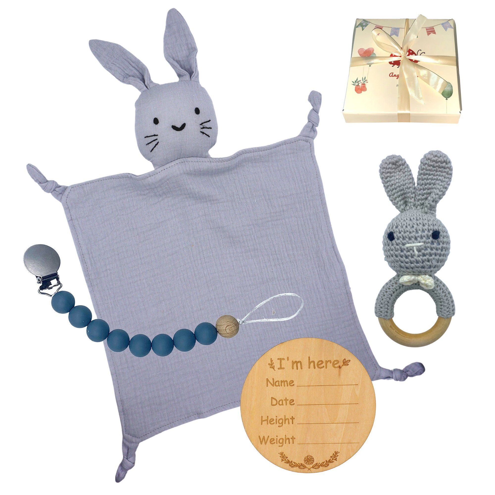 Angel's Baby Neugeborenen-Geschenkset Baby Geschenkset mit Schnullerkette und Schnuffeltuch 4 teilig (Set, mit Geschenkverpackung und Grußkarte) in niedlichem Design Blau