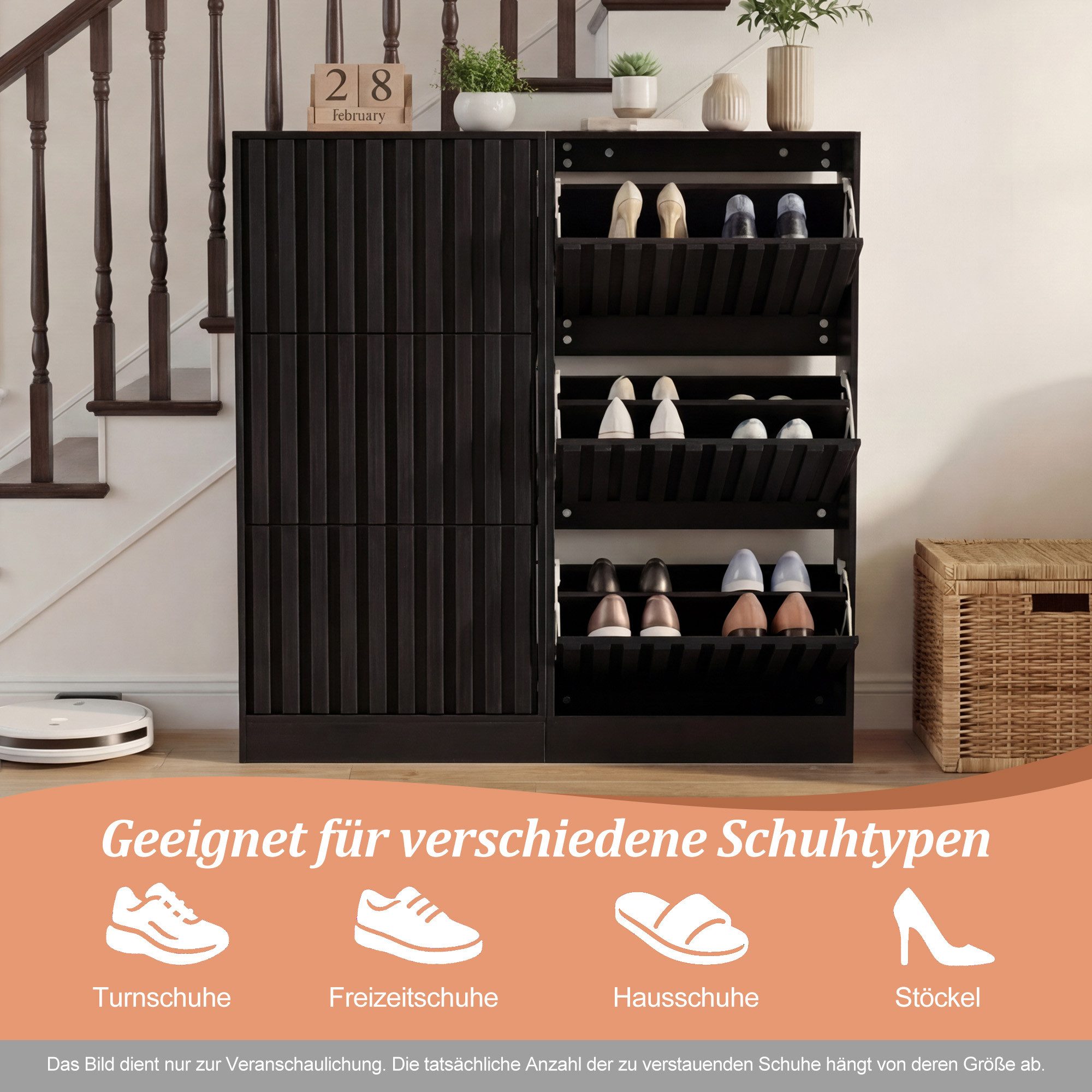 UEV Schuhschrank schmal mit 3 Klappen Holz, moderner Flurschrank Schuhregal 60x24x122cm (Schuhkommode) Schuhkipper mit verstellbaren Trennwänden für Verschieden – Bild 4 von 5