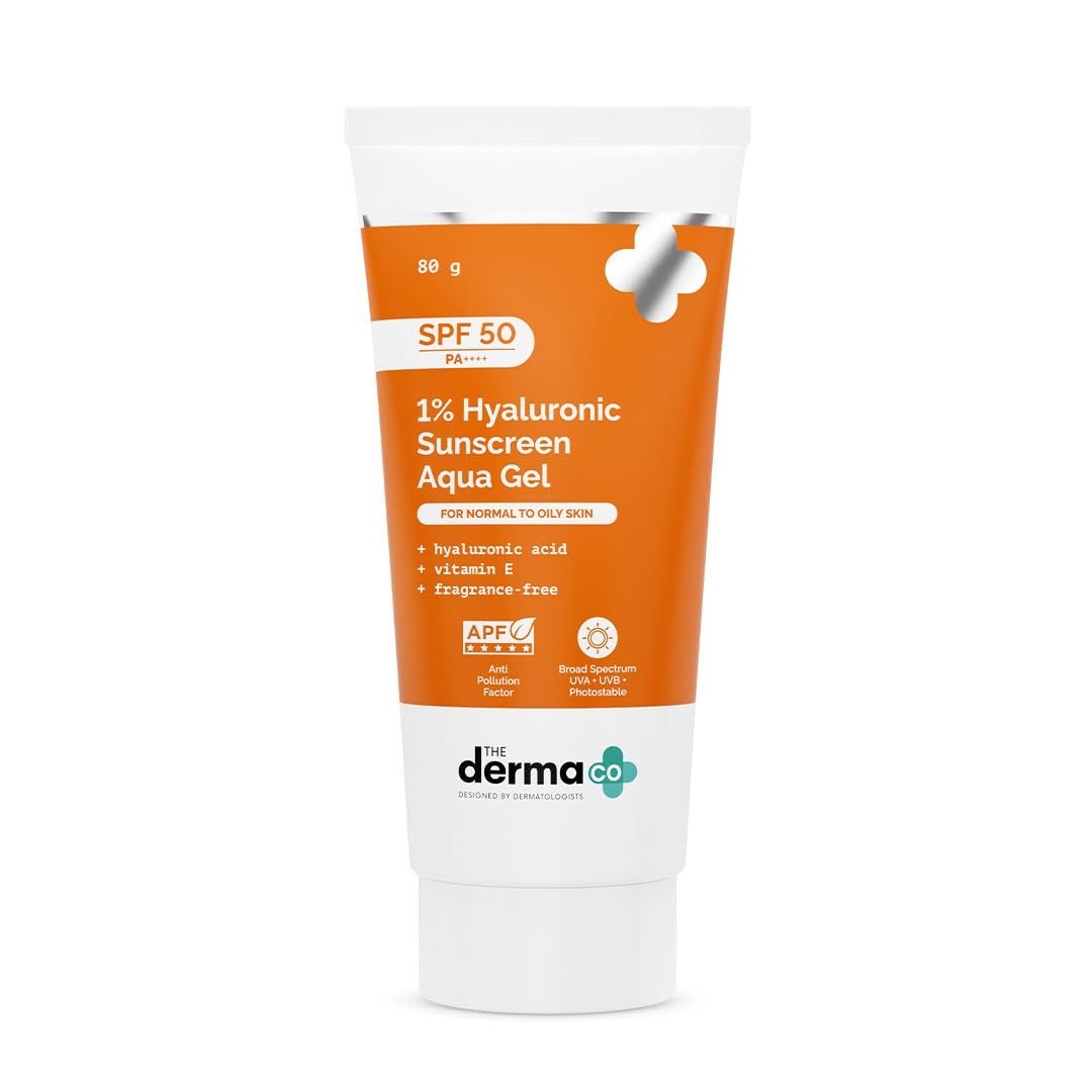 The Derma Co Sonnenschutzcreme 1% Hyaluronic Sunscreen SPF 50 PA++++ – 80 g, Aqua Ultra Light Gel, Schnell Einziehender UV-Schutz für Empfindliche Haut, Ohne weißen Film, leicht mattierend