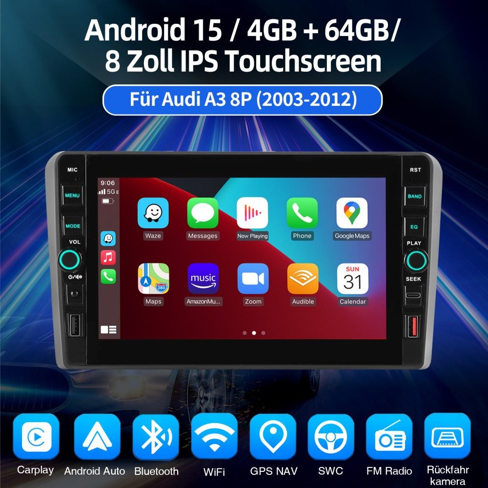 ESSGOO Für Audi A3 S3 RS3 8P 8V 8" Carplay Android 15 Autoradio 4+64G Autoradio (GPS NAVI RDS SWC USB WIFI)