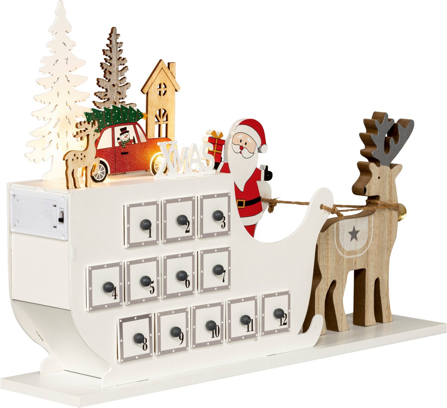 cm x x Holz-Glas-Design ca. Weihnachtsmann und Maße Timer, Adventskalender Rentierschlitten 10 Batteriebetrieb 45 29 auf für HGD