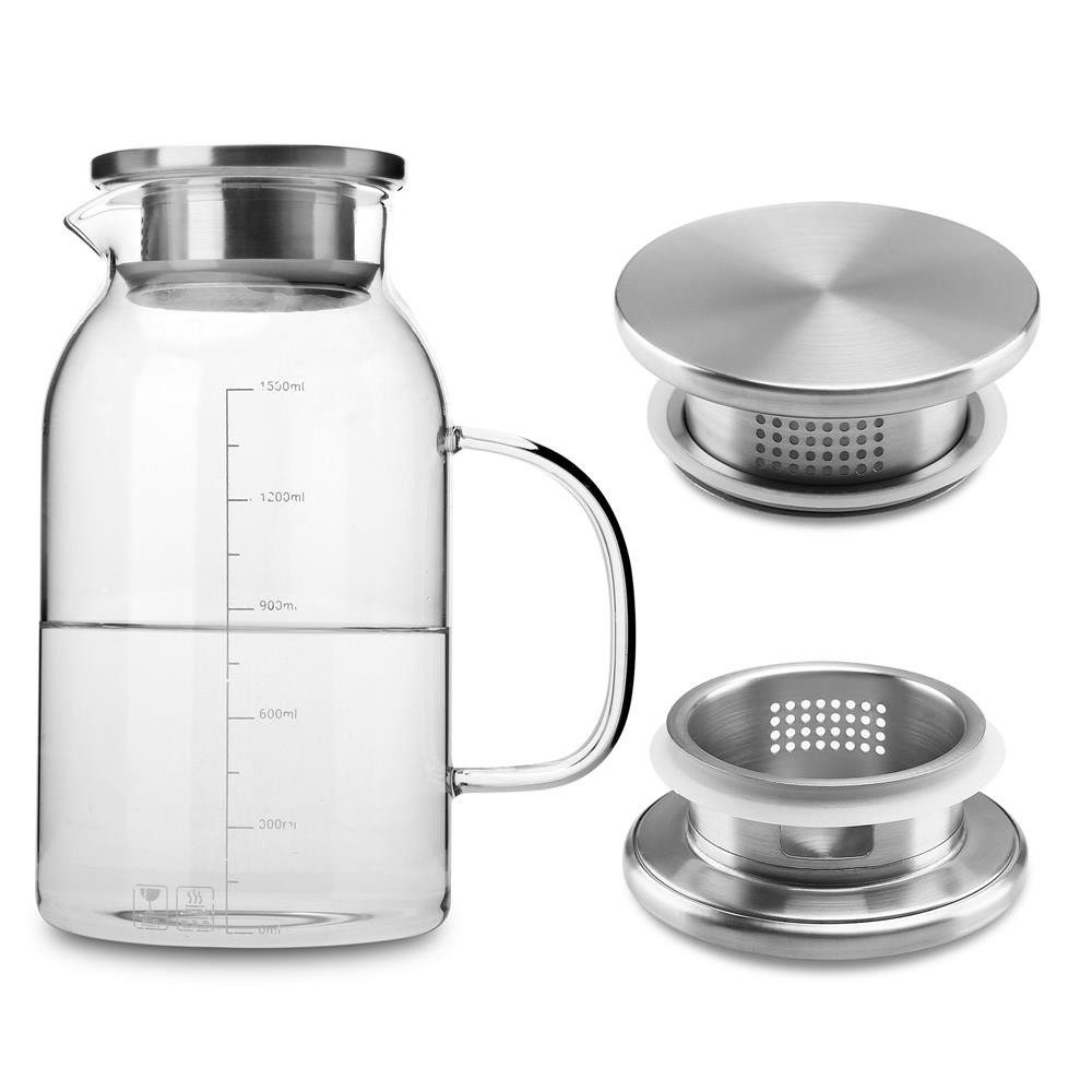 Intirilife Karaffe, (Glas Krug mit Filter in KLAR - 1,8l Karaffe, 1-tlg), Karaffe aus Borosilikatglas mit Henkel und Filter und Deckel