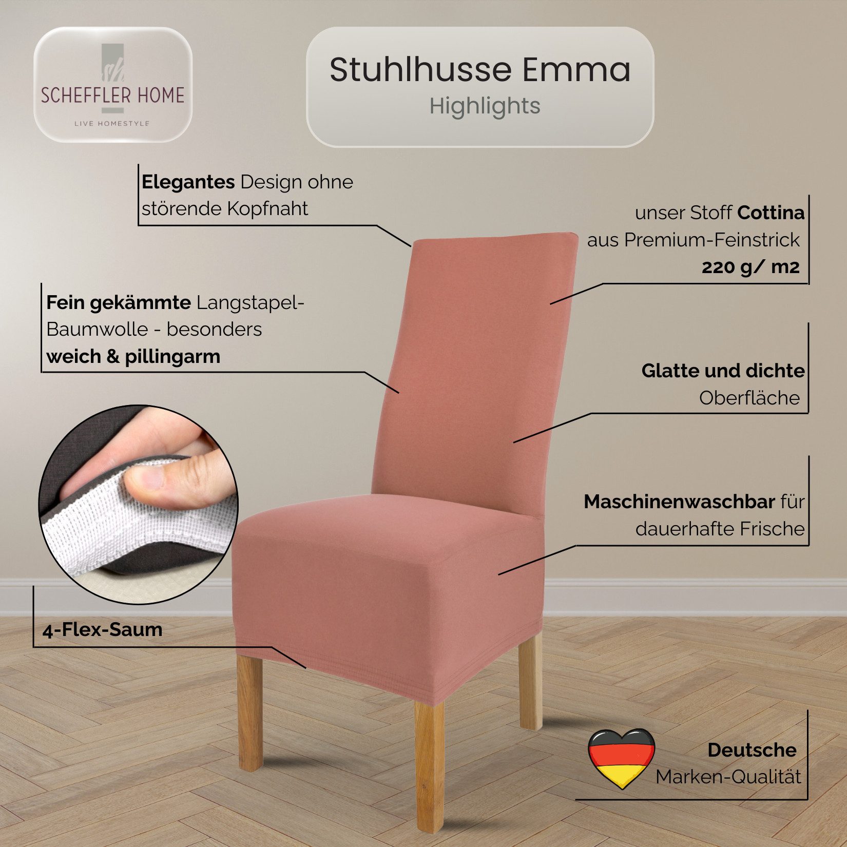 sh SCHEFFLER-HOME LIVE HOMESTYLE Stuhlhusse Moderner Stuhlbezug "Emma" aus elastischer Baumwolle Cottina, abnehmbarer & waschbarer Spannbezug für Stühle