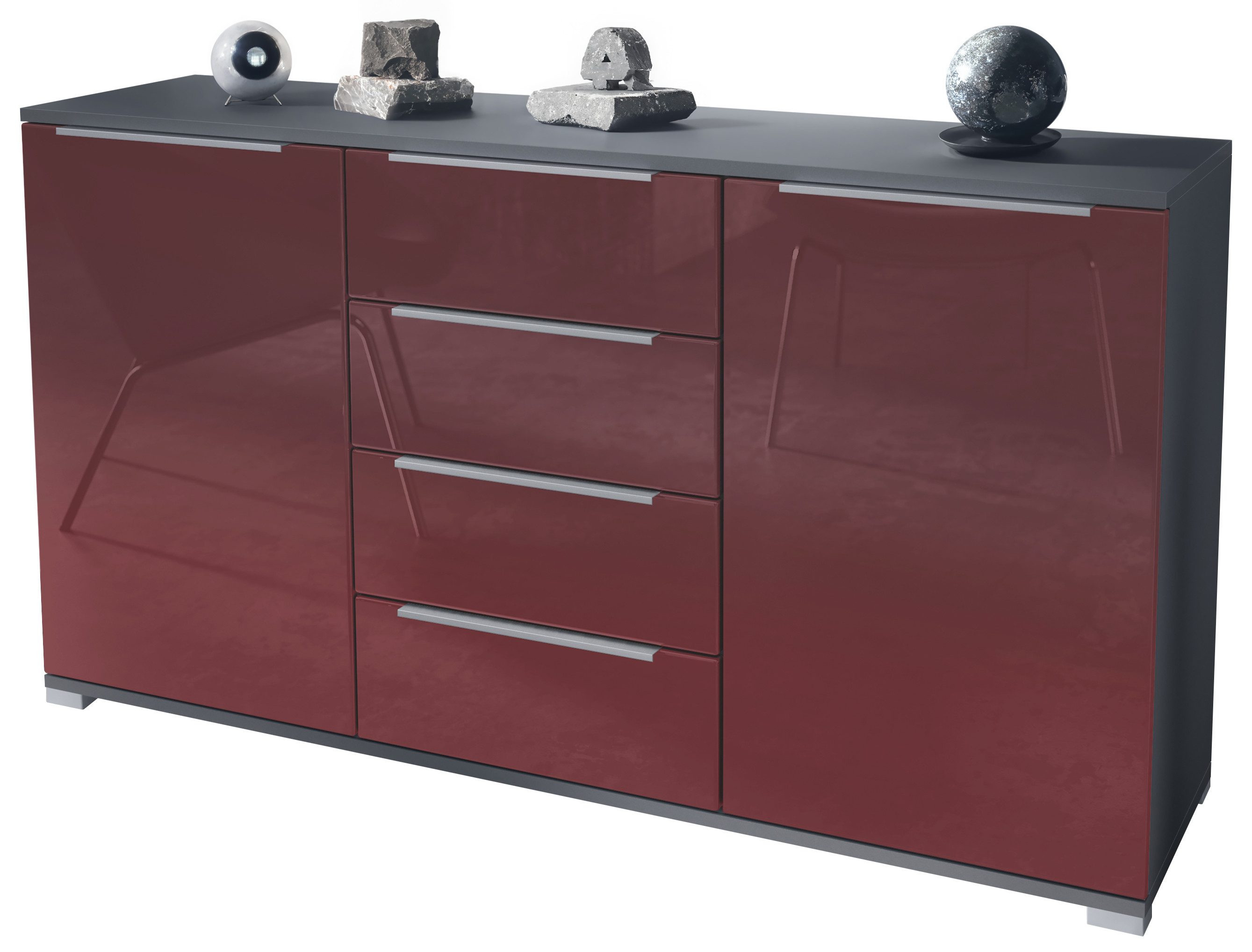 Vladon Sideboard Linio V1 (Anrichte, mit 2 Türen und 4 Schubladen), Anthrazit matt/Bordeaux Hochglanz (138,5 x 75,5 x 35 cm)
