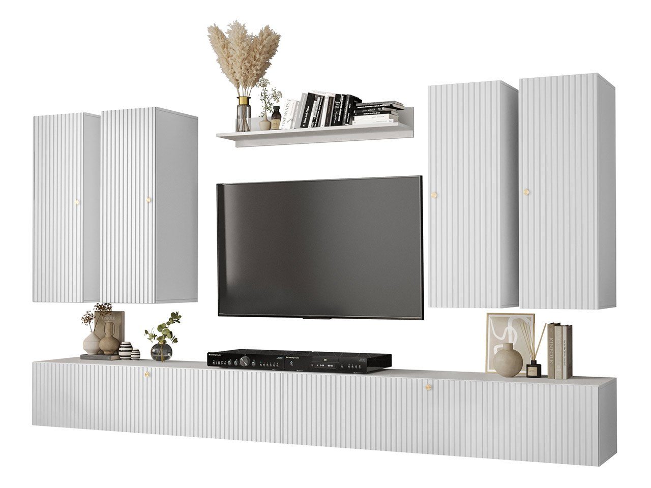 Wohnwand Slim 4x TV-Lowboard, (7er-Set, Hängeschrank, 4, MIRJAN24 Waldi Griffloses Wandregal), 2x Weiß Öffnungssystem I