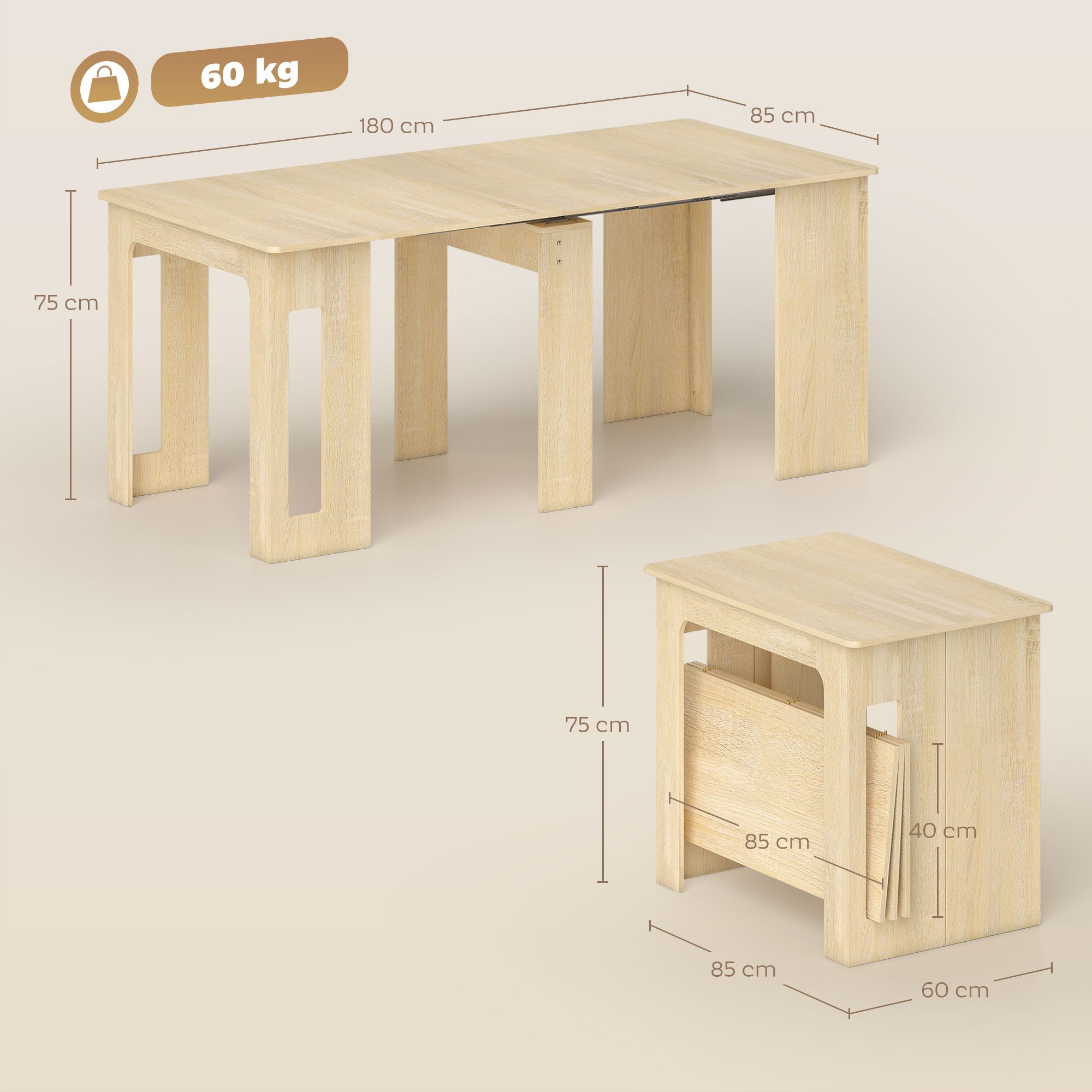 HOMCOM Klapptisch Esstisch, 3 Stufig Ausziehbar für bis 6 Personen, Küche (Ausziehbar Küchentisch, 1-St., Esstisch), für Wohnzimmer, Esszimmer, Küche, 60-180x85x75 cm, Naturholz