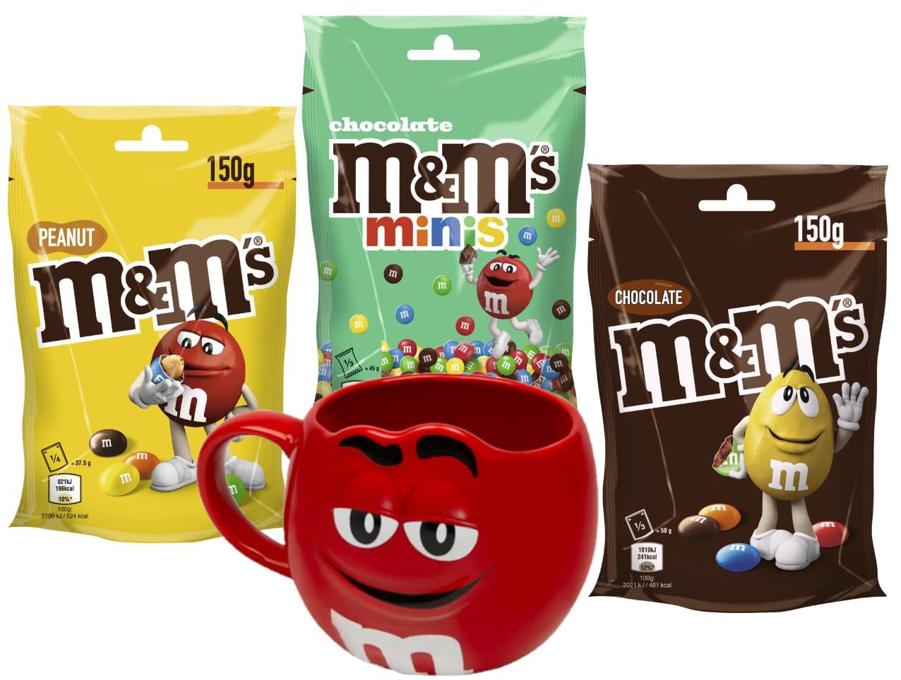 M&M's Süßigkeit M&M'S Chocolate 150g + Minis 135g + Peanut 150g + Tasse