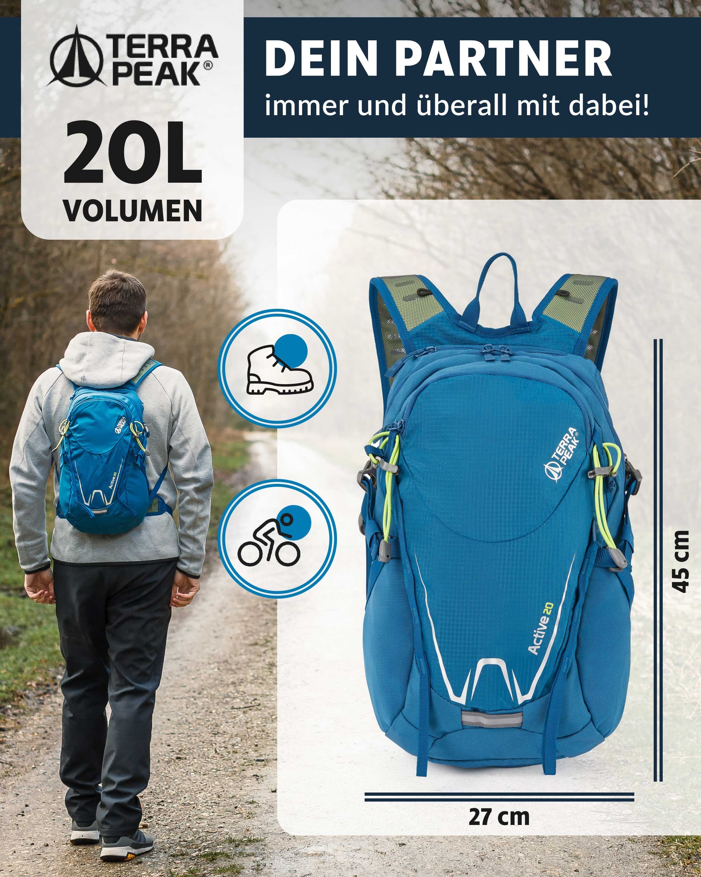 Terra Peak Sportrucksack Active 20, klein Trekkingrucksack YKK 20L Blau mit mit Reißverschluss Hüftgurt