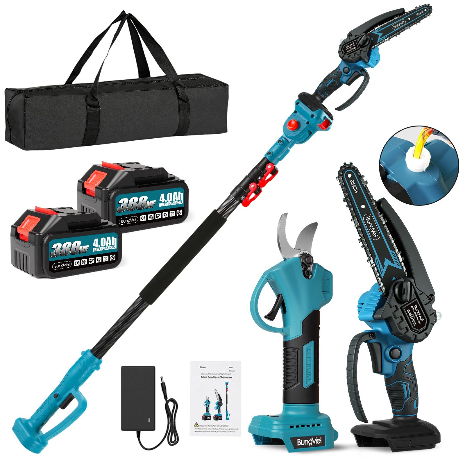 Bundviel Akku-Hochentaster 4-in-1 Bürstenloser Elektro Teleskop Hochentaster Astsäge Gartenschere, bis 235,5 m Arbeitshöhe, mit 2× 4000mAh Akku