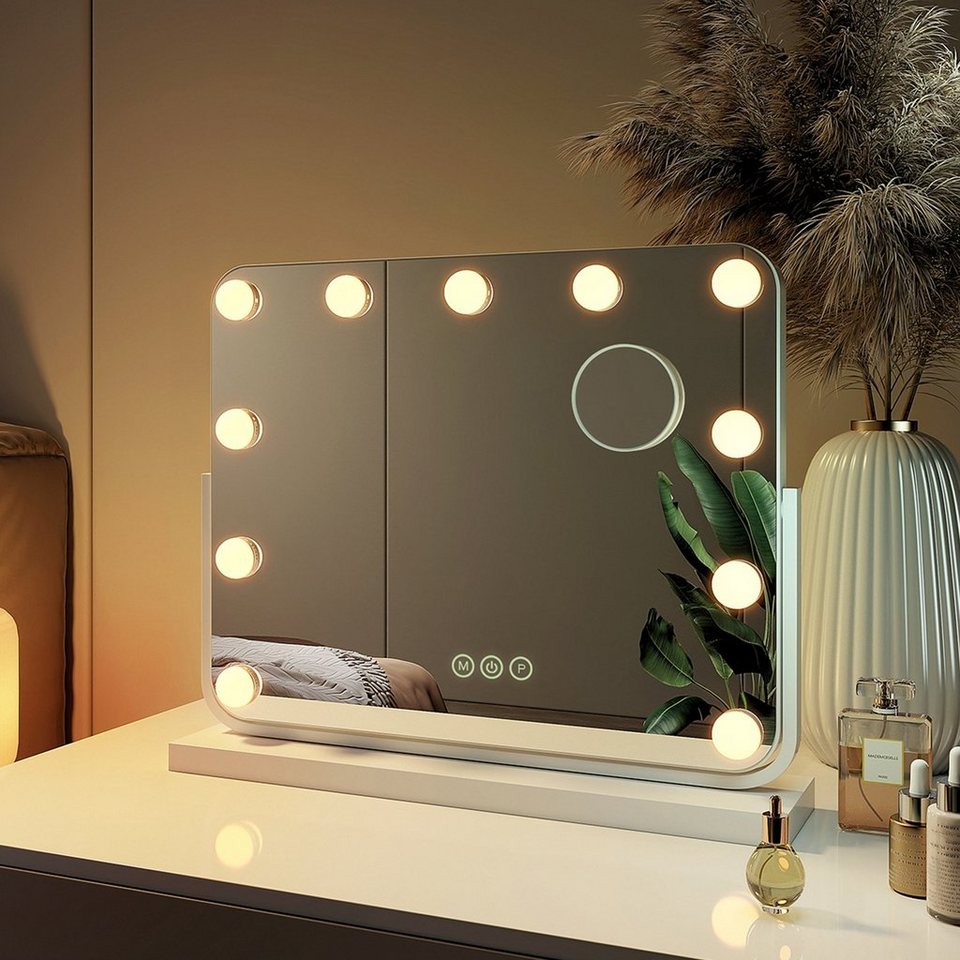 EMKE Kosmetikspiegel Hollywood Spiegel mit Beleuchtung 360 ° Drehbar  Tischspiegel, 3 Farbe Licht,Dimmbar,Speicherfunktion,7 x  Vergrößerungsspiegel