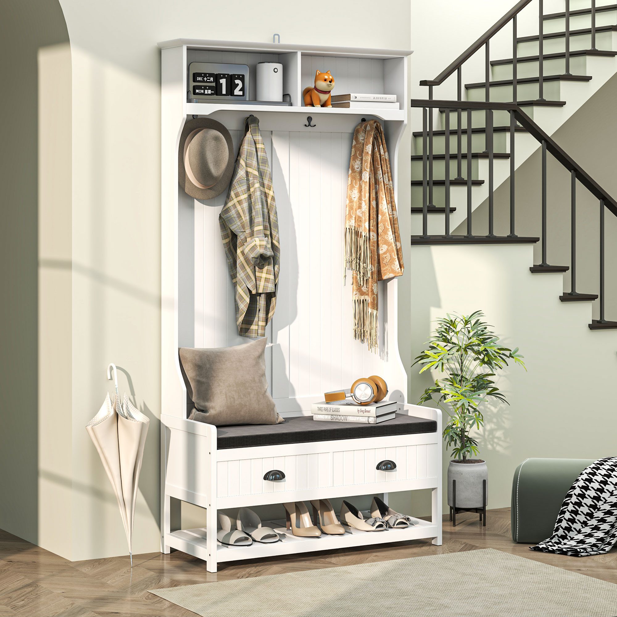 HOMCOM Вешалки 2-in-1, mit 4 Haken, Schuhbank und Ablagen, Kippschutz, (Kleidungsständer, 1 St., Garderobe), für Eingangsbereich, Flur, Schlafzimmer, Weiß+Grau