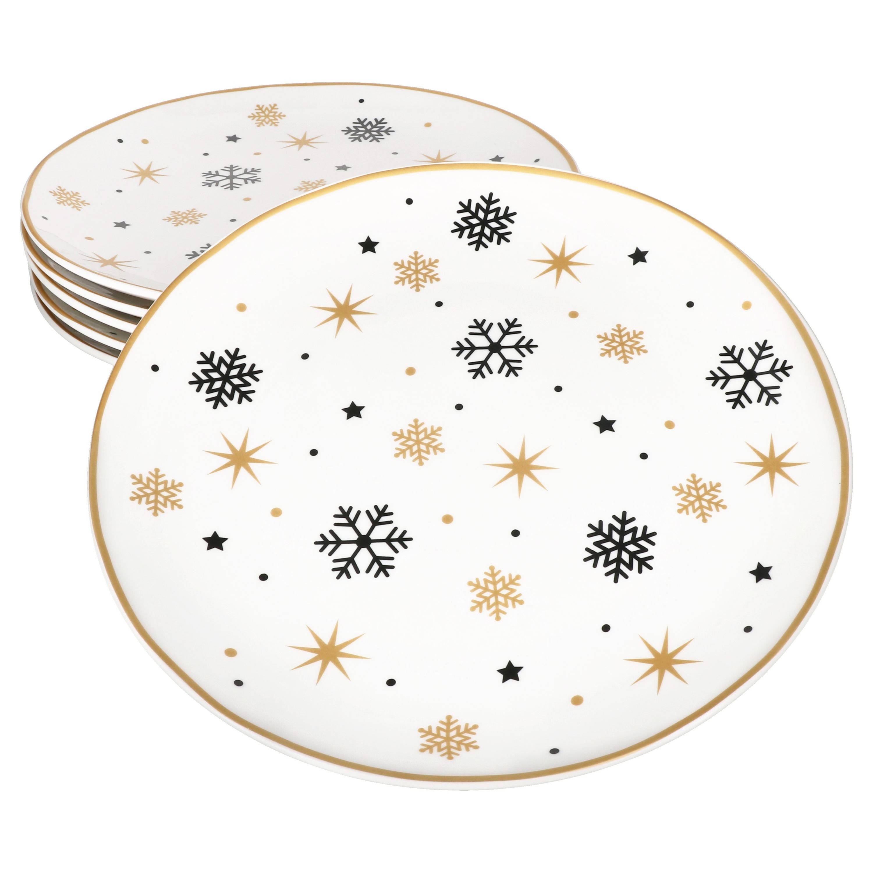 Speiseteller 6x Stars schwarz & gold Speiseteller Steingut 6 Personen Essteller