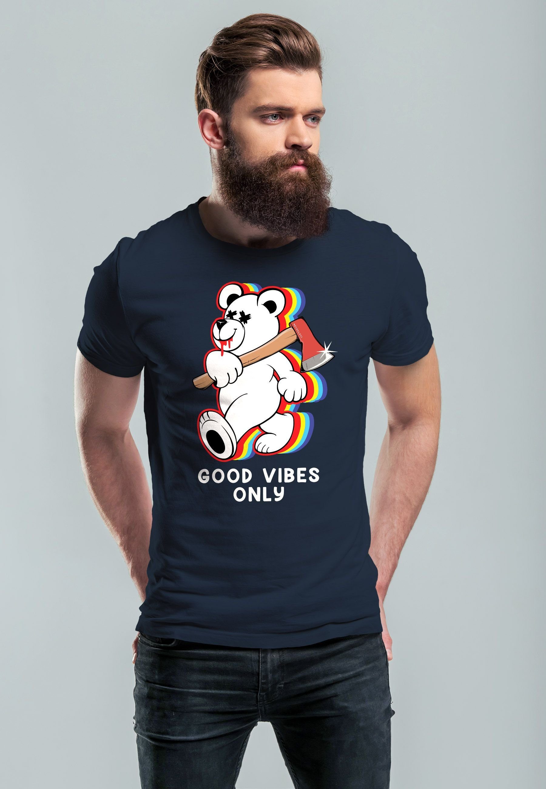 Neverless Print-Shirt Herren T-Shirt Good mit Vibes navy Axt Sarkasmus Teddy Teachwear Bär Only Fashi Print