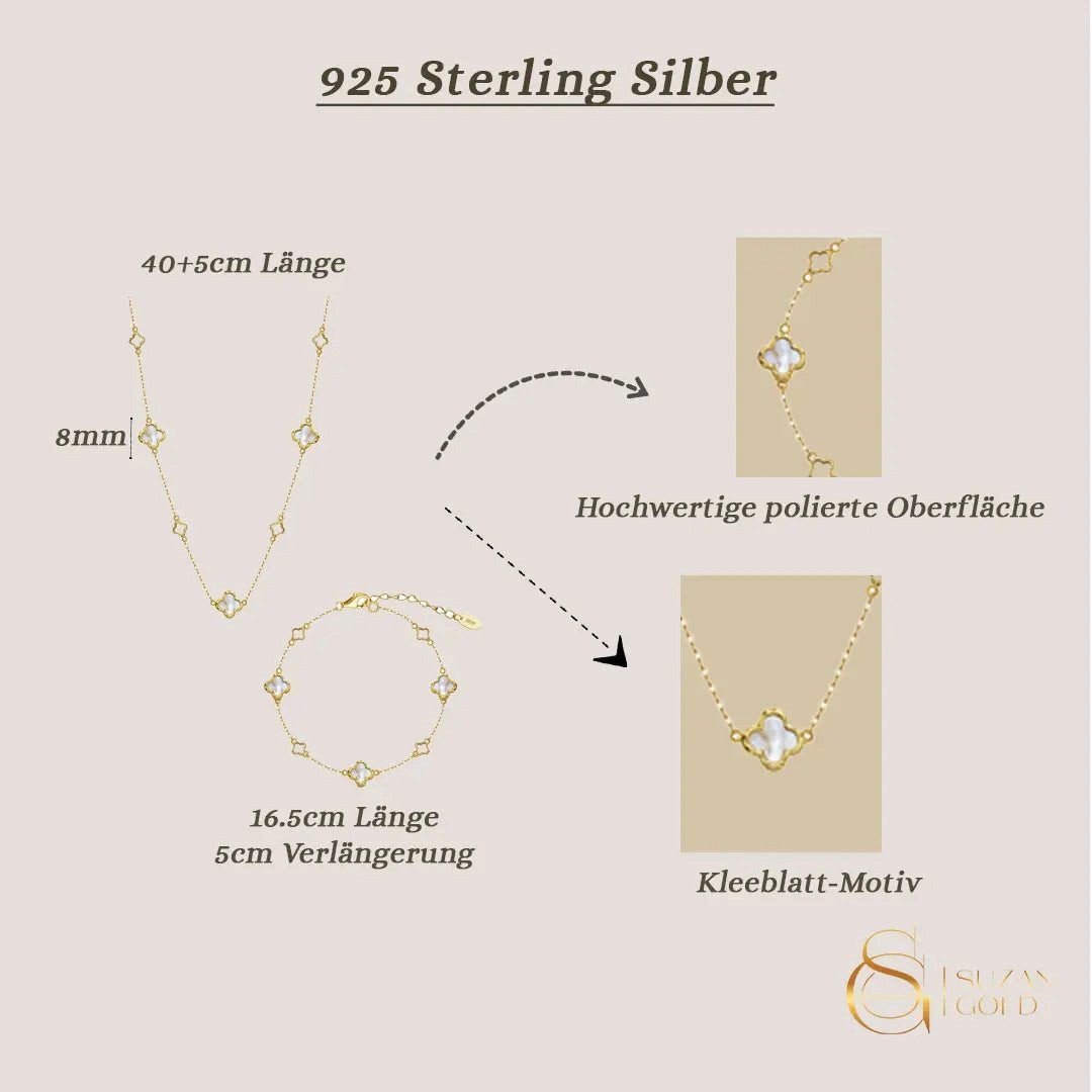 Suzan Gold Schmuckset 925 Silber vergoldet Lunafleur Perlmutt-Kleeblatt