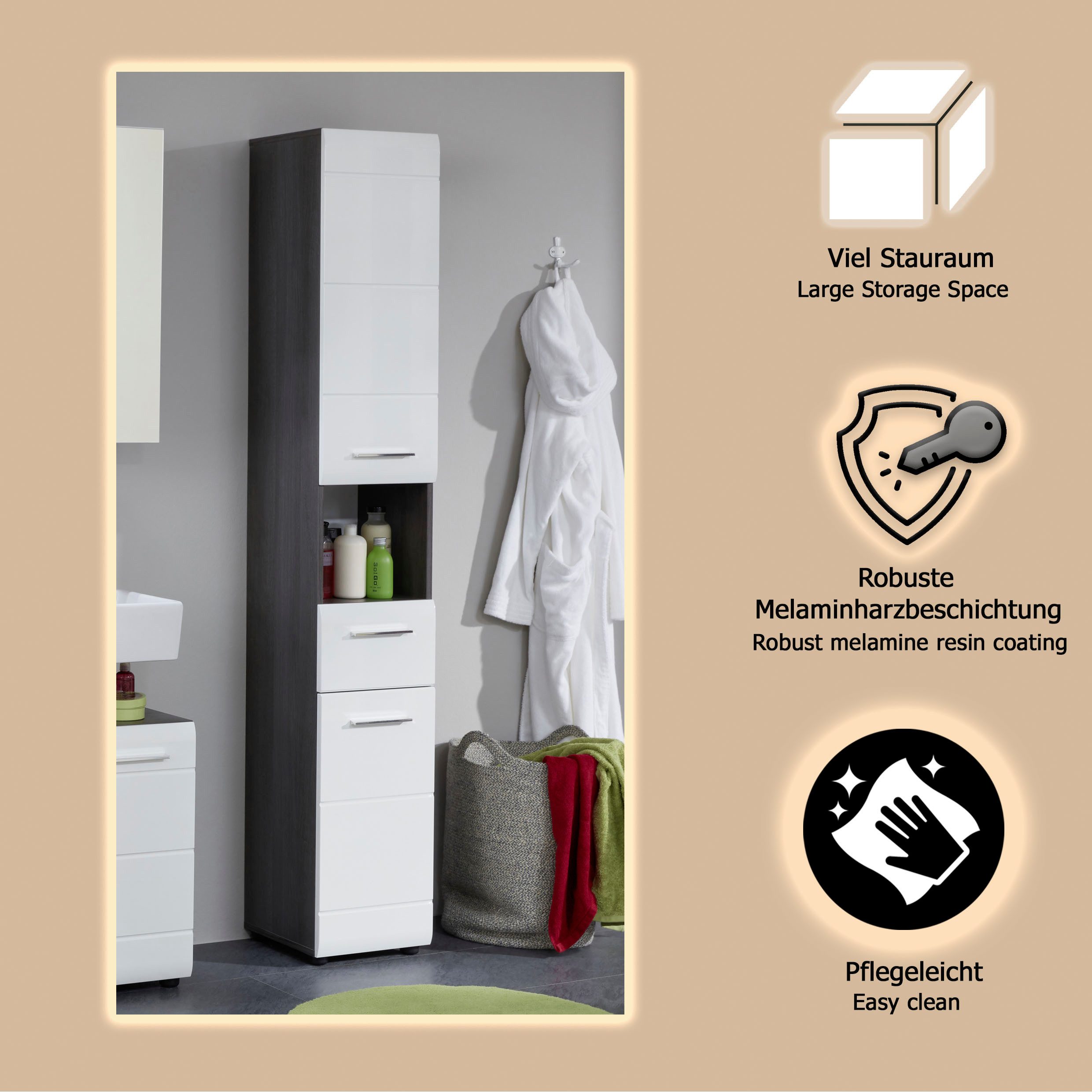 welltime Hochschrank Sovana Badezimmerschrank in Hochglanzoptik - (B/T/H) 30/31/182 cm – Bild 4 von 5