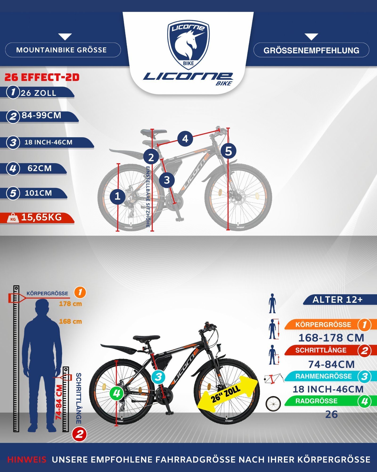 27,5 in und Effect Mountainbike 29 Bike Zoll Mountainbike Premium Schwarz/Orange Licorne Licorne (2xDisc-Bremse) 26, Bike