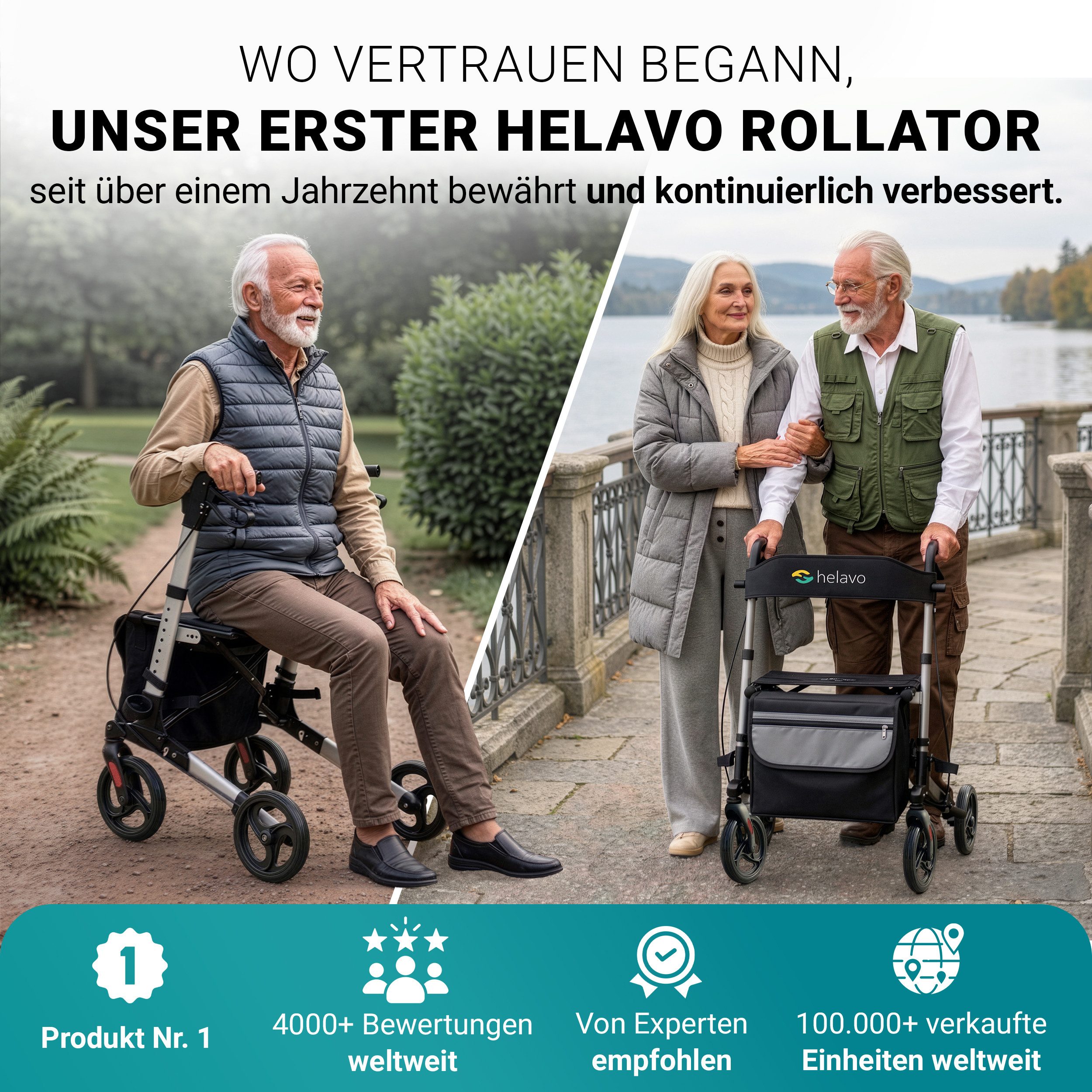 Helavo Rollator H1010, faltbarer Reise-Rollator mit Sitz und Reisetasche