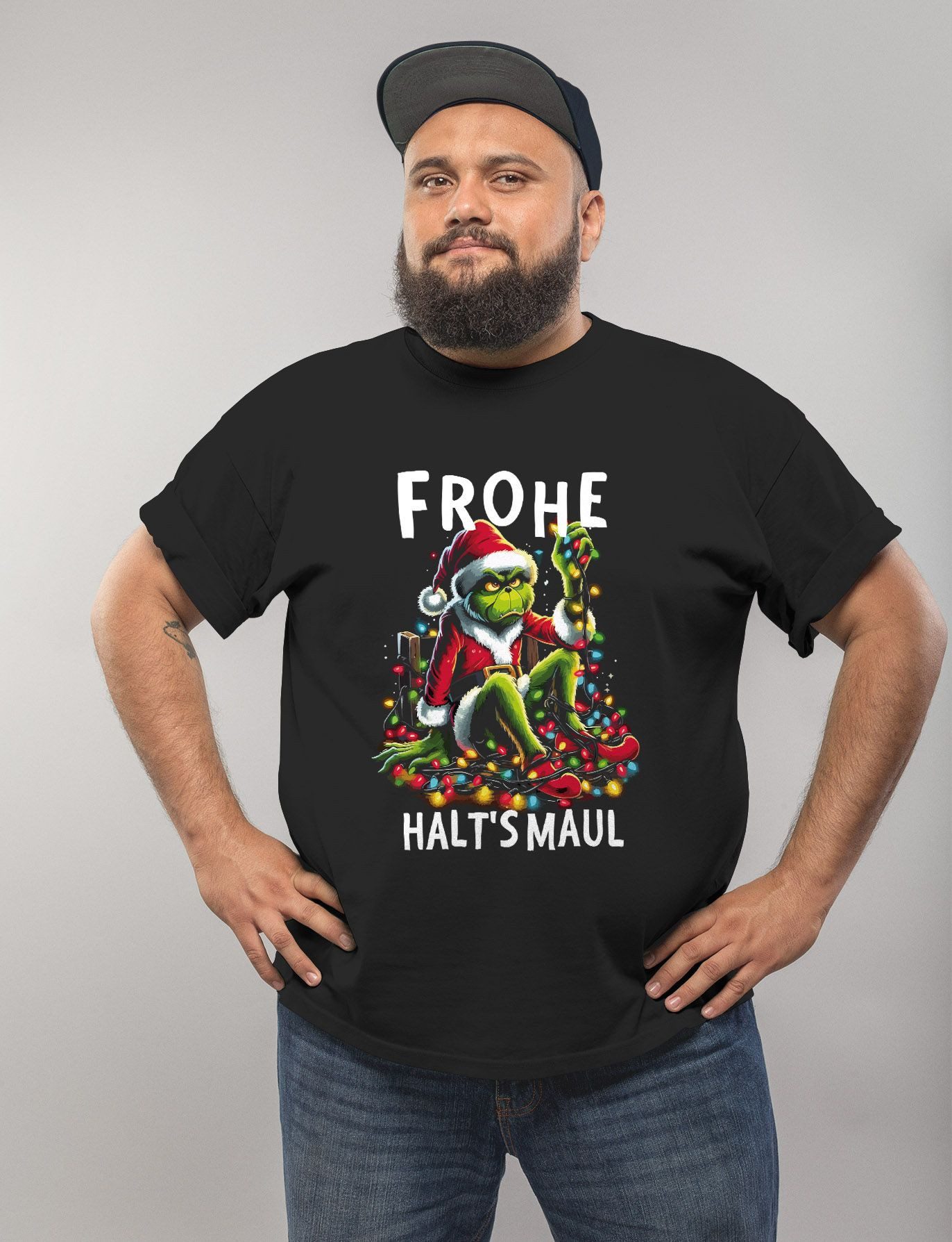 MoonWorks Print-Shirt Herren T-Shirt Grinch Frohe Weihnachten Spruch Sarkasmus Schwarzer mit Print