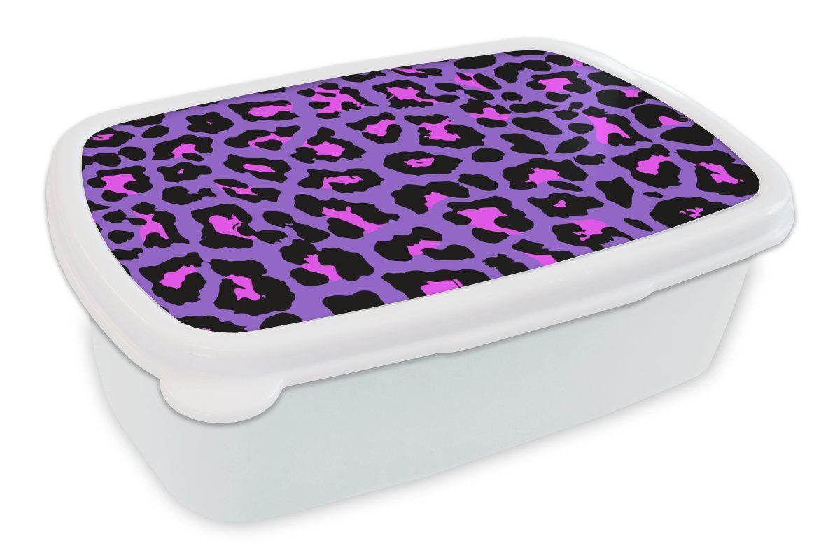 MuchoWow Lunchbox Pantherdruck - Lila - Rosa - Neon, Kunststoff, (2-tlg), Brotbox für Kinder und Erwachsene, Brotdose, für Jungs und Mädchen weiß