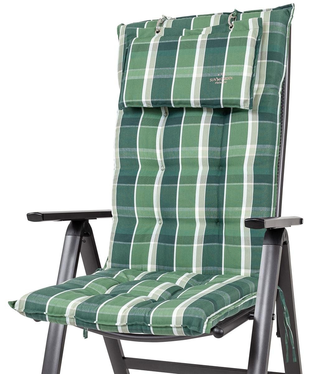 Sun Garden Hochlehnerauflage Hochlehner Sylt 10557-200 grün kariert 120x50x9 cm Sun Garden, (1 St), Halteband verstellbar mit Bindebändern