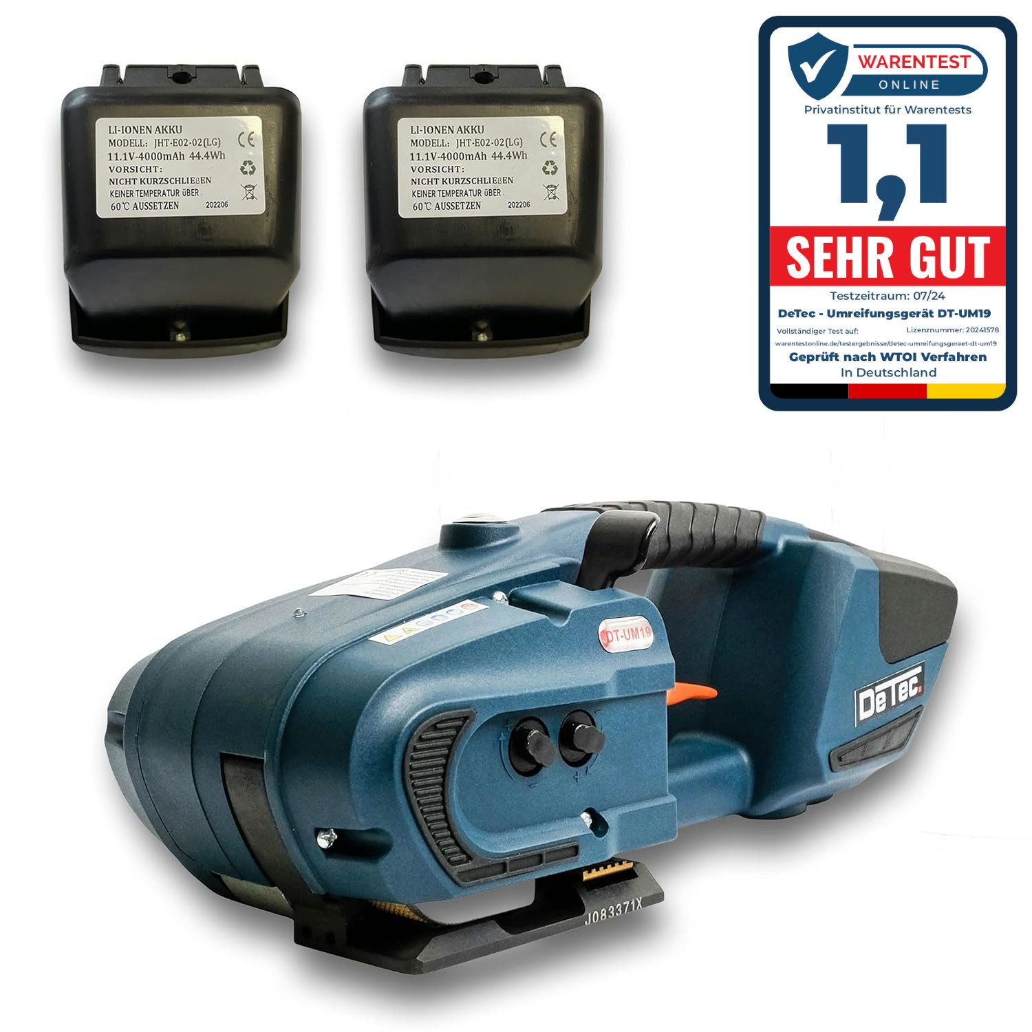 DeTec. Elektrowerkzeug-Set DT-UM19 Umreifungsgerät mit 2 Akkus für Kunststoffbänder (PE und PP), Bandspanner, Handumreifer mit 2x 4,0 A/H Li-Ionen Akku