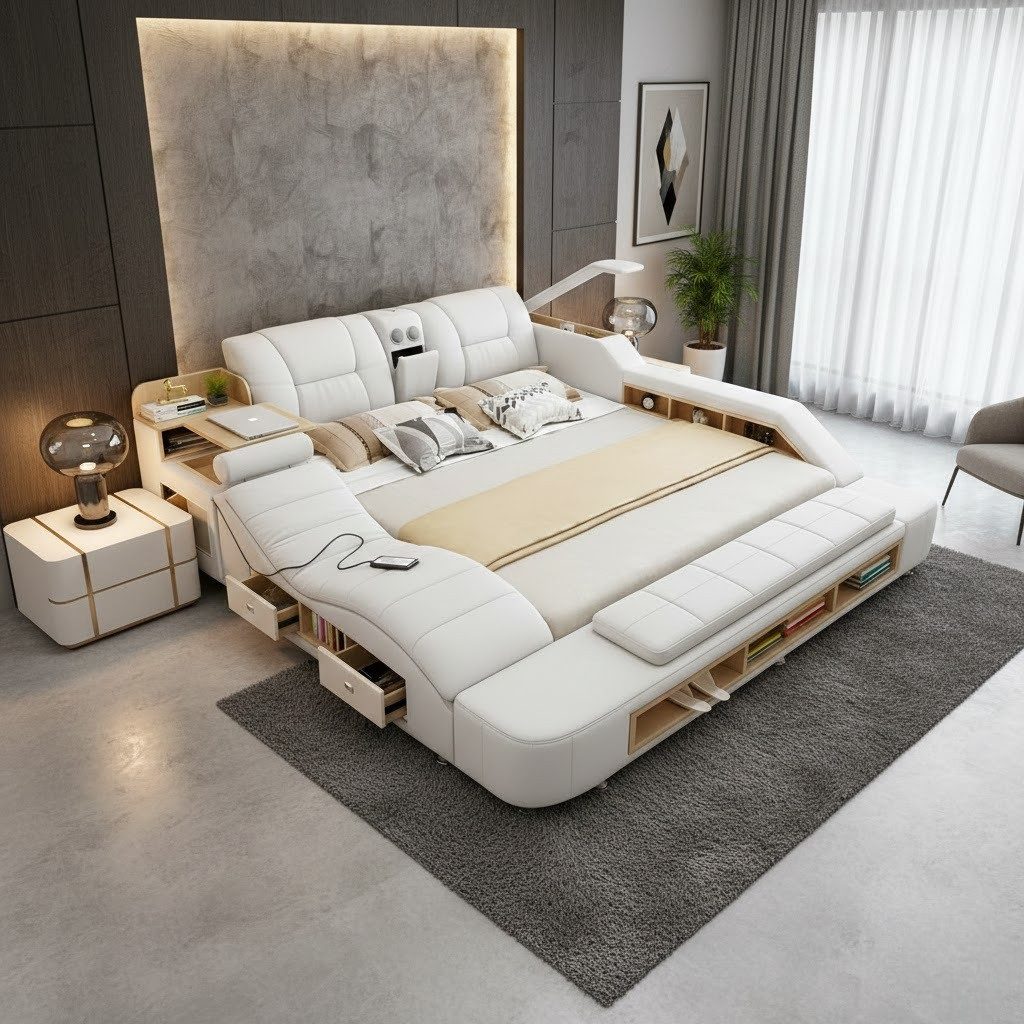 JVmoebel Multimediabett Weißes Multimedia Kunstlede Bbett – Modern & Elegant Sofort (1-tlg), Made in Europa