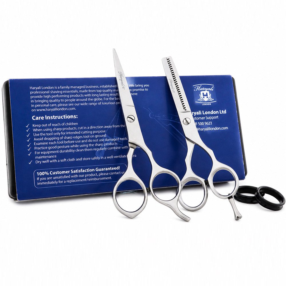 Haryali London Haarschere Friseurschere-Set 6,5 Zoll mit Etui, silberfarbener Edelstahl, (Set, 1x Schutzhülle, 1x Effilierschere, 1x Schneideschere), Professionelles Friseurscheren Set mit Etui & Silikonringen