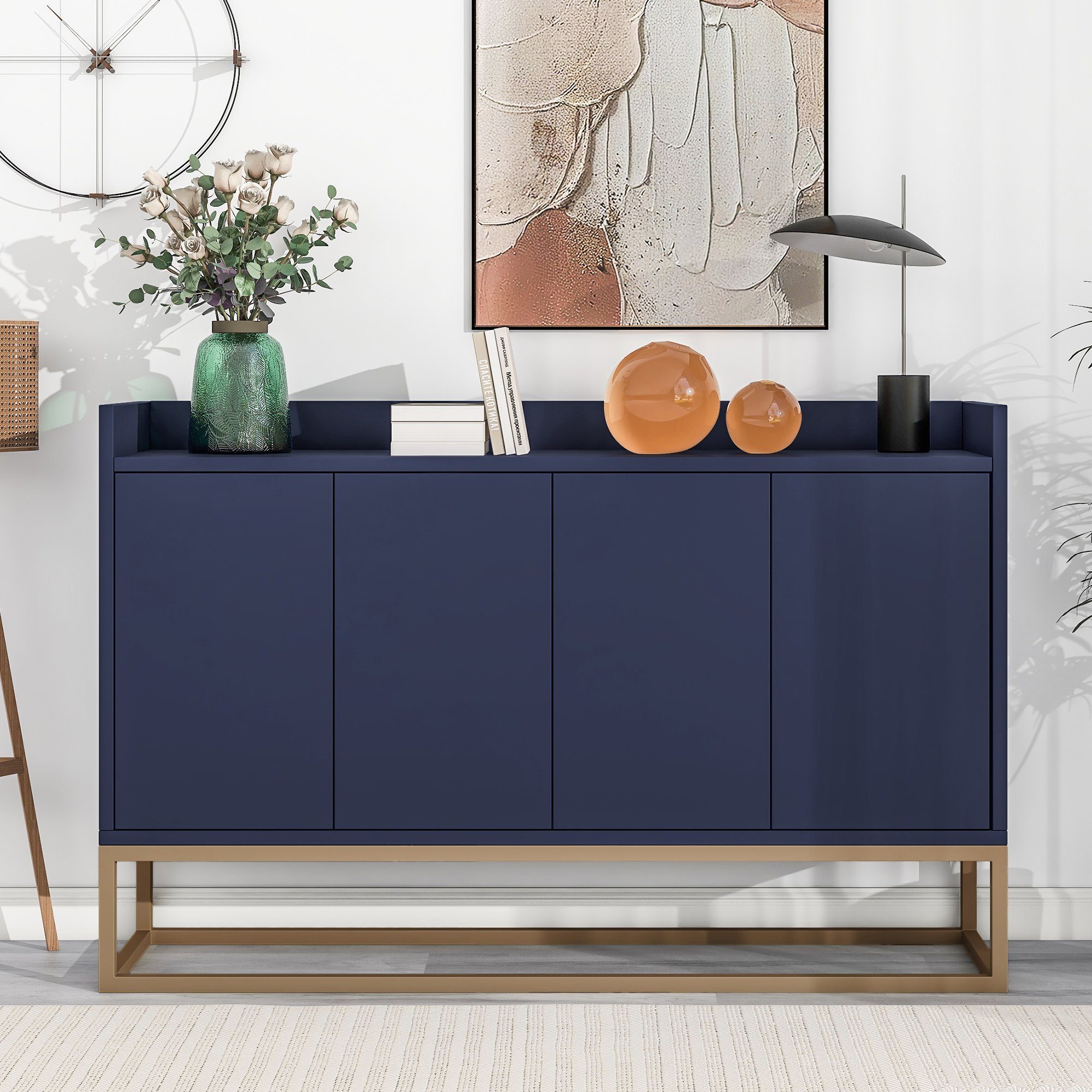 Sideboard blau Sideboard, 4-türiger Küchenschrank 120*30*80 Küche) für Esszimmer, Wohnzimmer, (griffloser cm REDOM Buffetschrank,