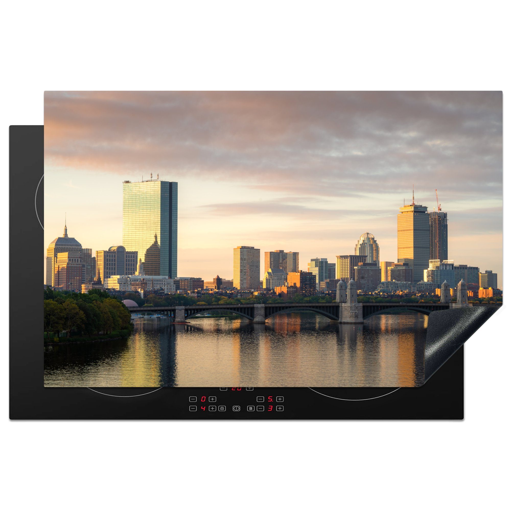 MuchoWow Herdblende-/Abdeckplatte Skyline von Boston, Vinyl, (1 tlg), 81x52 cm, Induktionskochfeld Schutz für die küche, Ceranfeldabdeckung