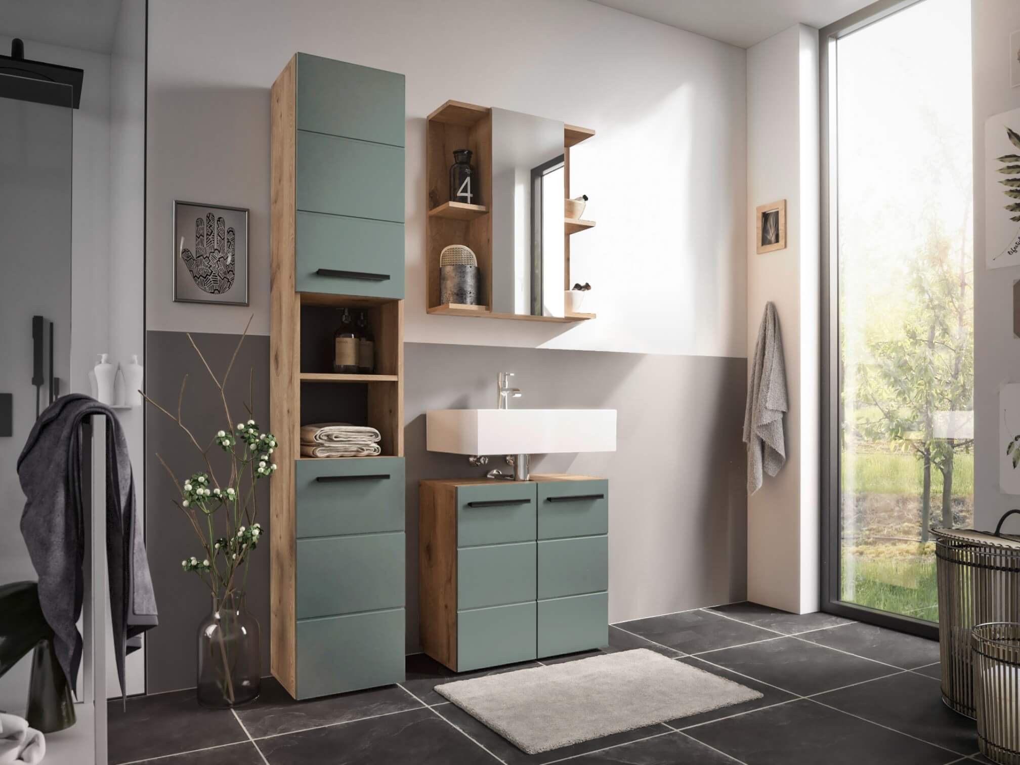 moebel-dich-auf Badezimmer-Set VALENCIA, (Hochschrank, Waschbeckenunterschrank, Spiegelschrank, MDF-Fronten tiefgezogen, Korpus melaminbeschichtet)