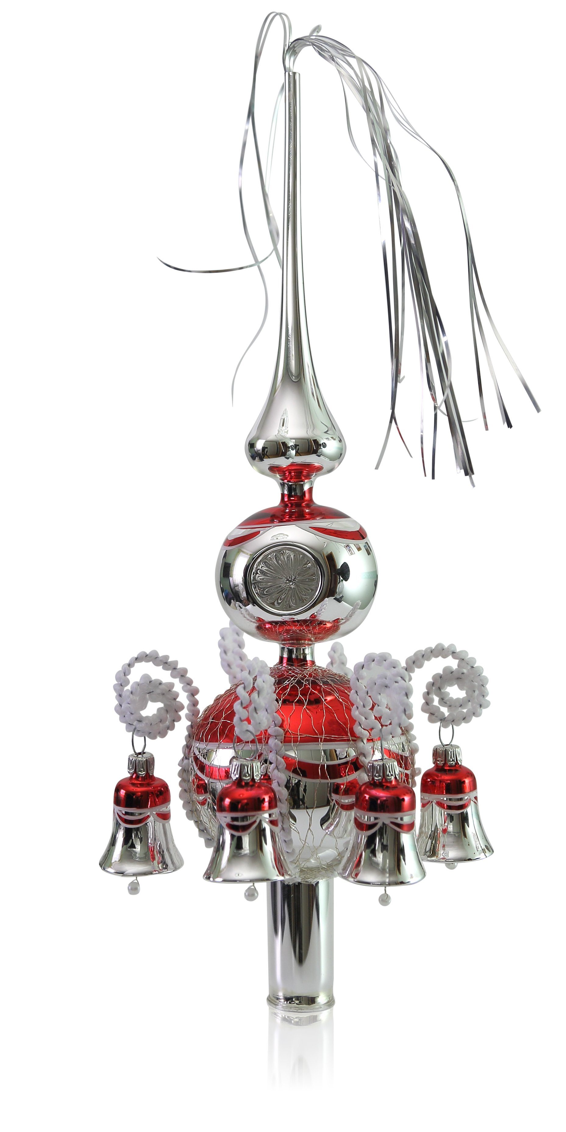 Lauschaer Glas Christbaumspitze Spitze umsponnen mit Leonischem Draht und Einstich in der Kugel Silber mit rot