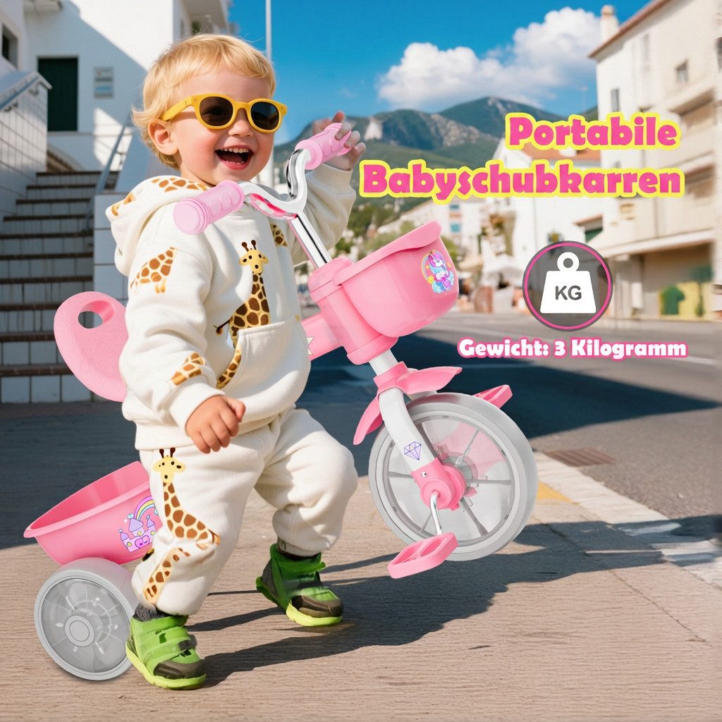 Wootoy Dreirad Kinder Dreirad Kinderfahrrad Lauffahrrad mit LED-Leuchträdern, 4-fach verstellbarem Sitz 2 Aufbewahrungskörben und leisen Rädern