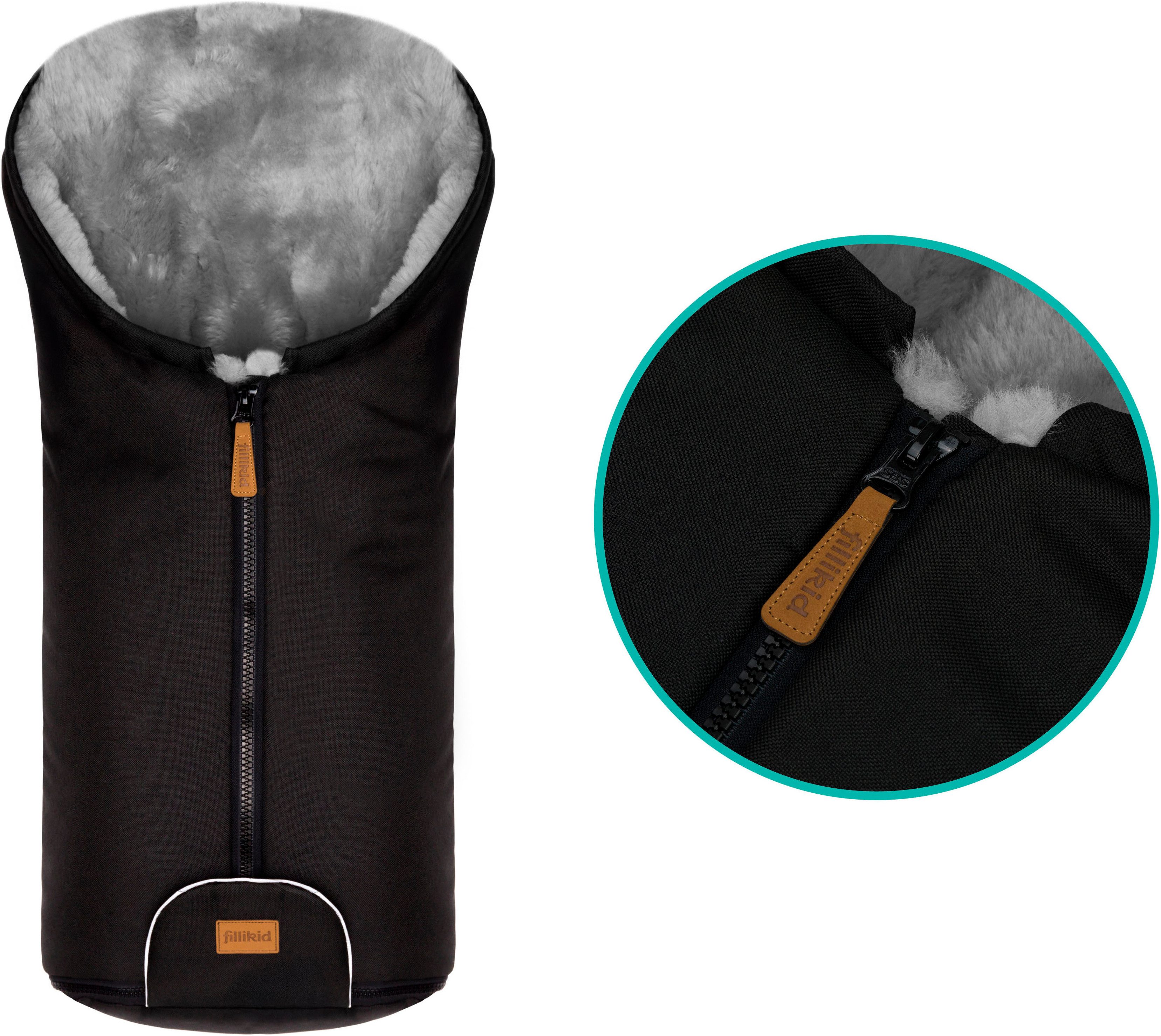 Fillikid Fußsack Pamir Alpina, schwarz, Lammfell grau, Winterfußsack, für Autositze Gr. 0 und Kinderwagen – Bild 4 von 5
