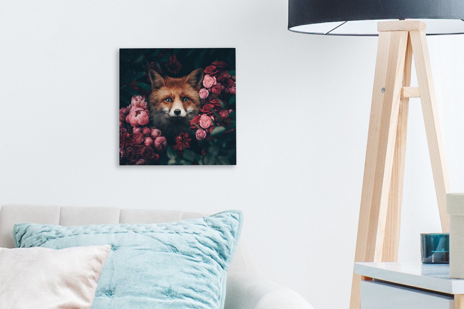 OneMillionCanvasses® Tiere, Blumen Leinwandbild - Leinwand Schlafzimmer Wohnzimmer für bunt Fuchs (1 - St), Bilder