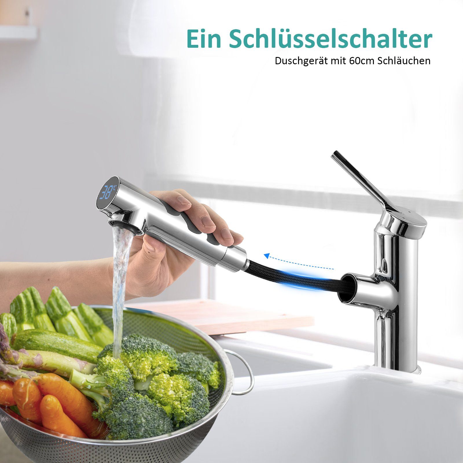 Thumbnail - EMKE Küchenarmatur Küchenarmatur,Wasserhahn Ausziehbar 360° Drehbar Armatur Edelstahl mit Temperaturanzeige LED-Display,...