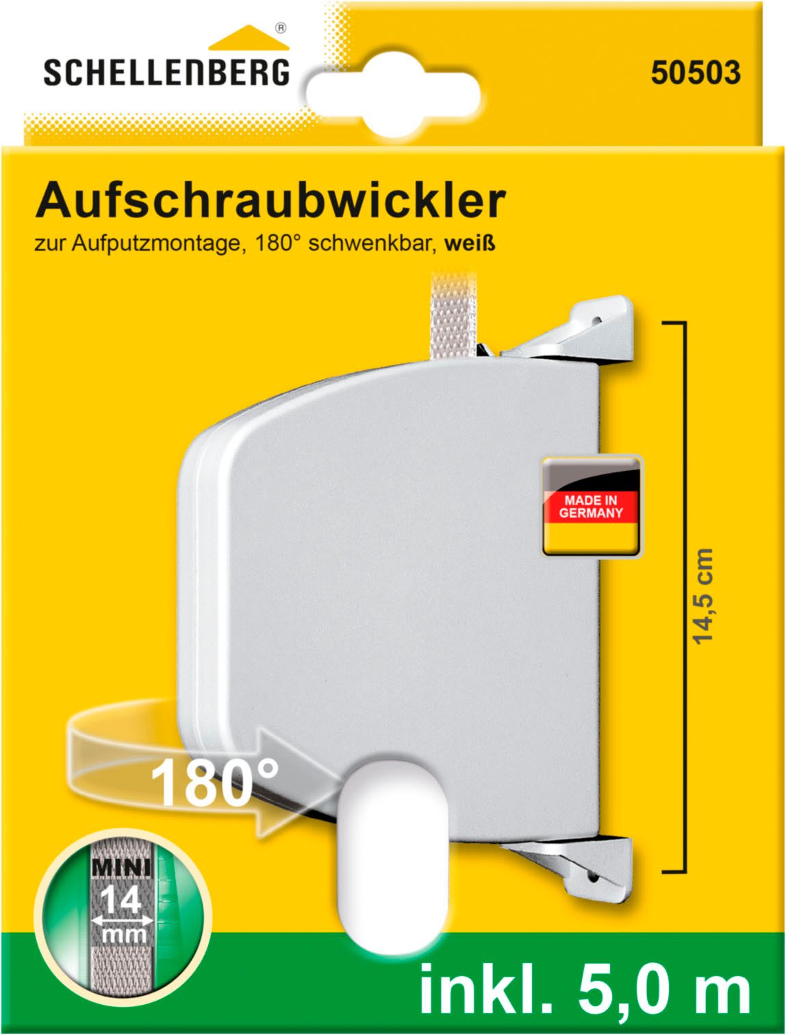 SCHELLENBERG Aufputz-Gurtwickler Aufschraubwickler für das Rollladensystem Mini, Gurtbreite 14 mm, Set, 1-tlg., schwenkbar, mit vormontiertem Rollladengurtband, braun oder weiß