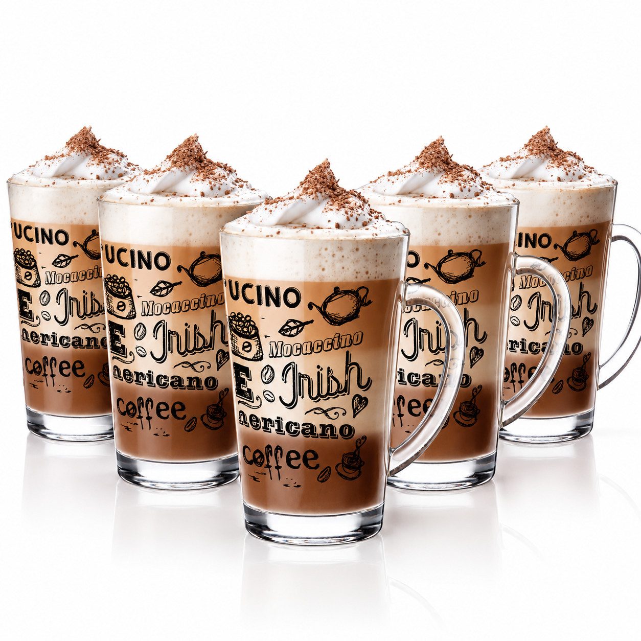 Sendez Gläser-Set 6 Latte Macchiato Gläser 300ml mit Kaffee-Aufdruck, 6-tlg., Glas