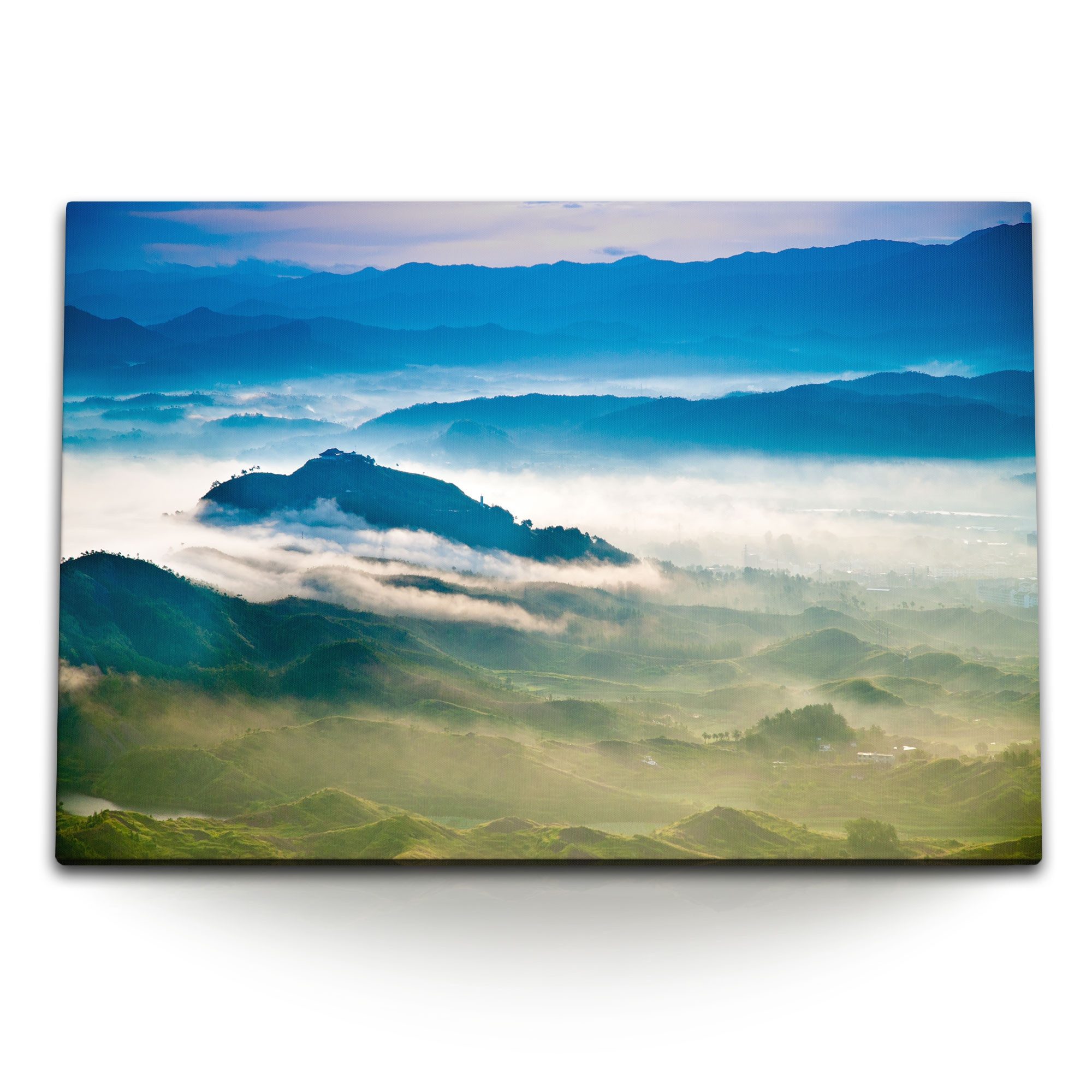 Leinwandbild 120x80cm Wandbild auf Leinwand Berge Berglandschaft Natur Nebel Blau M
