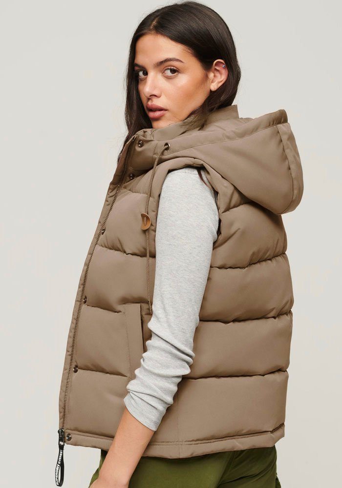 Superdry EVEREST PUFFER Brown Fossil HOODED Steppweste GILET