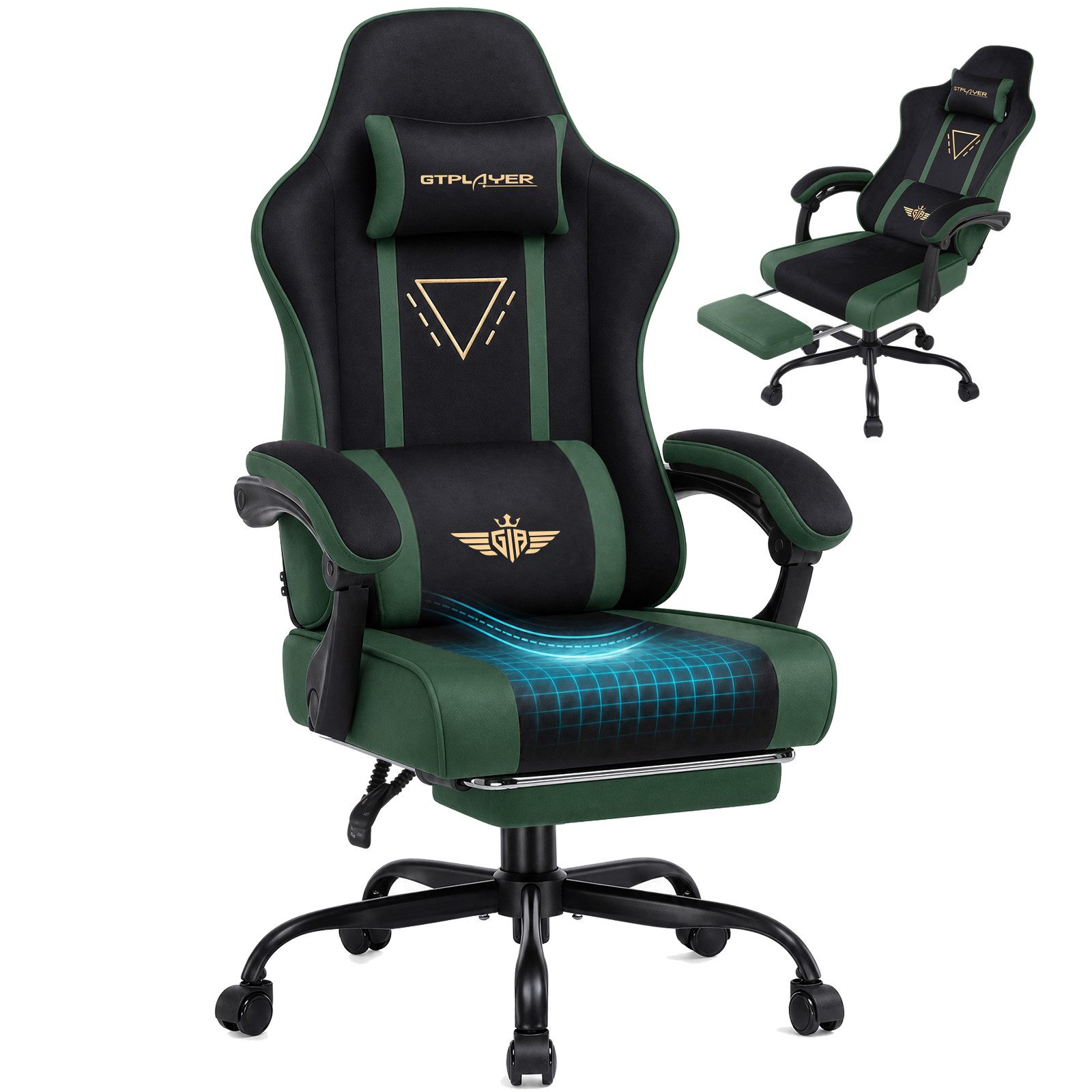 GTPLAYER Gaming-Stuhl Ergonomischer Gaming Sessel Schreibtischstuhl mit Federsitzkissen, Stoffoberfläche, Verbindungsarmlehnen und Fußstütze 150KG